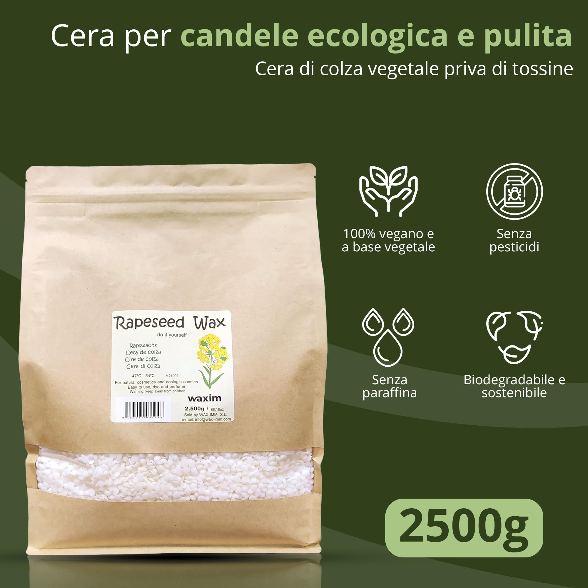 WAXIM Cera di olio di colza per candele 2500 g – Perle bianche, naturali, vegane, senza paraffina, cera per candele fatte in casa, fai da te, candele artigianali, granuli di cera e candele natural