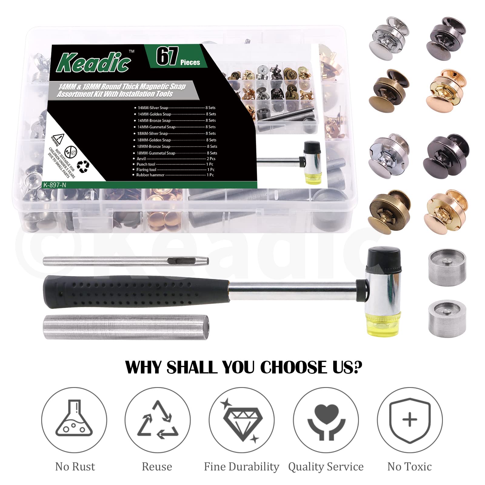 Keadic 69 Sets 14/18mm Bolsa Cerraduras Botón Snaps Color Kit con herramienta de instalación, plata/pistola Metal/bronce/oro/plata coser botones de punto para bolsos bolsos cartera ropa cuero