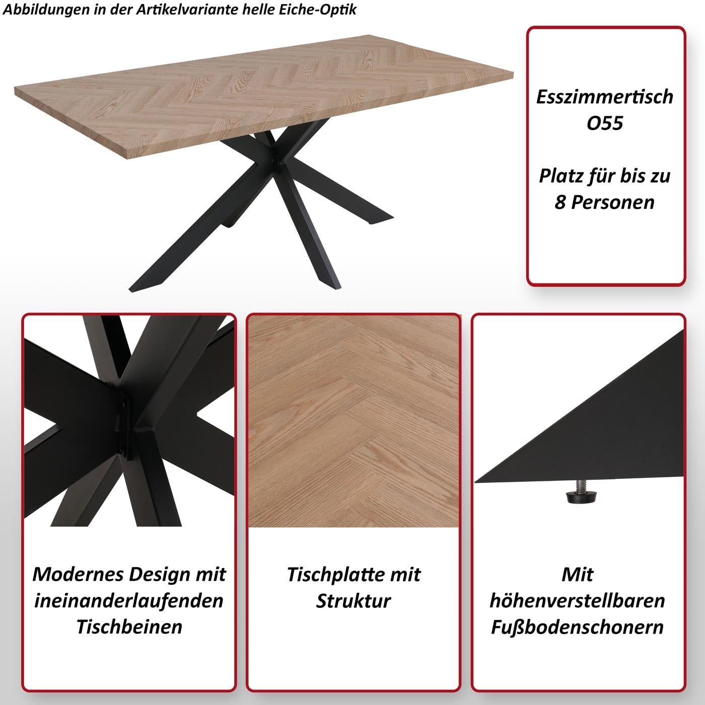 Mendler Esszimmertisch HWC-O55 MDF 180cm - helle Eiche-Optik