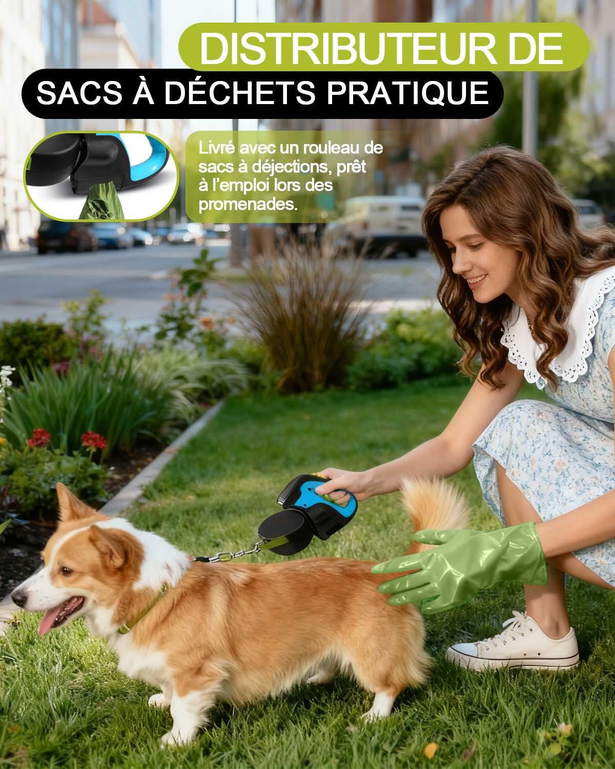Laisse Double pour Chien Rétractable 3m, Rotation 360°, Promenade Facile pour 2 Chiens de Petite et Moyenne Taille, Poignée Antidérapante, Anti-Nœuds, LED et Distributeur de Sacs à Déchets, Bleu