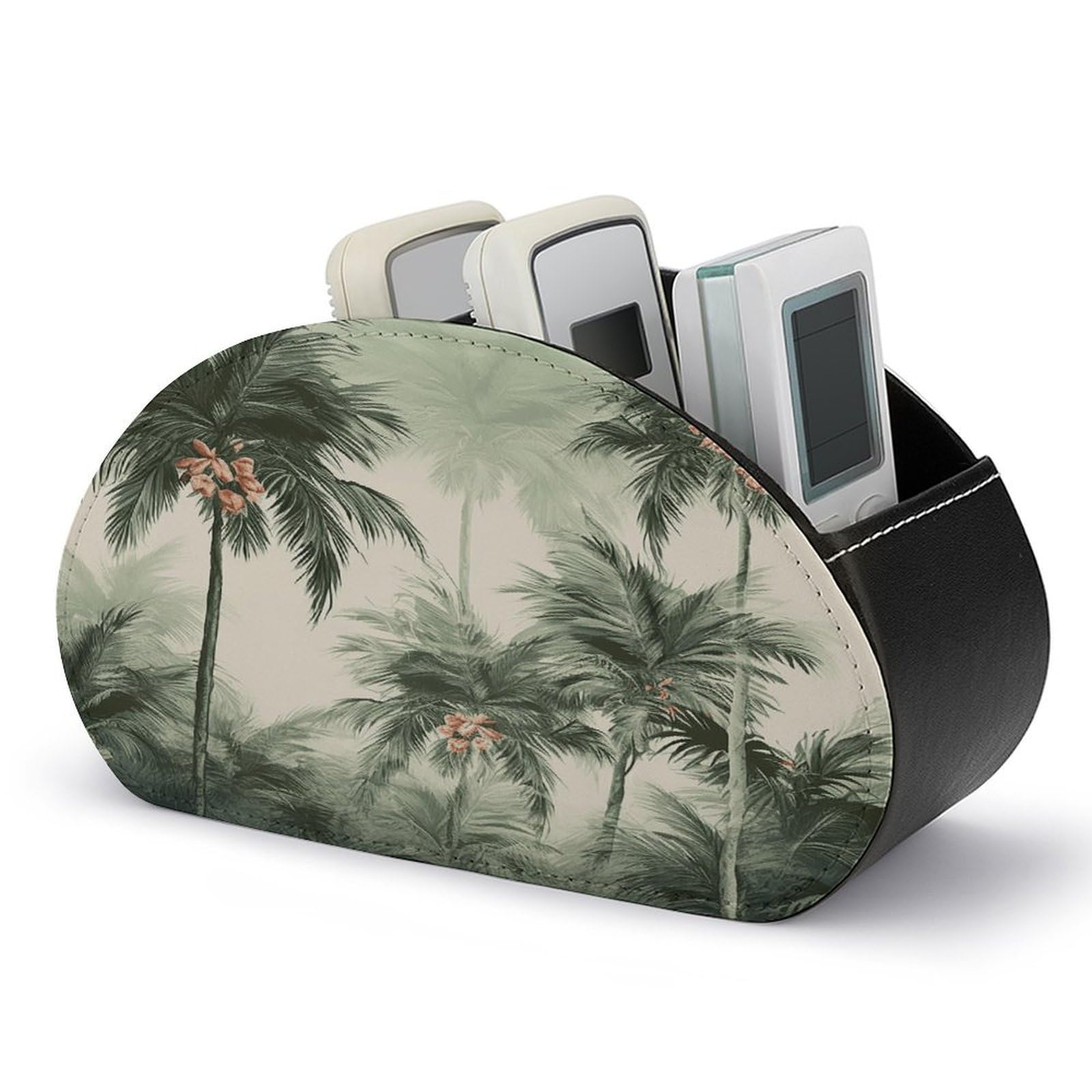 VstaDank Tropical Palm Trees Remote Control Holder with 5 Compartments PU Leather TV Remoter Caddy Desktop Organizer TV Remote Holder Remote Box for Media Controllers Office Supplies