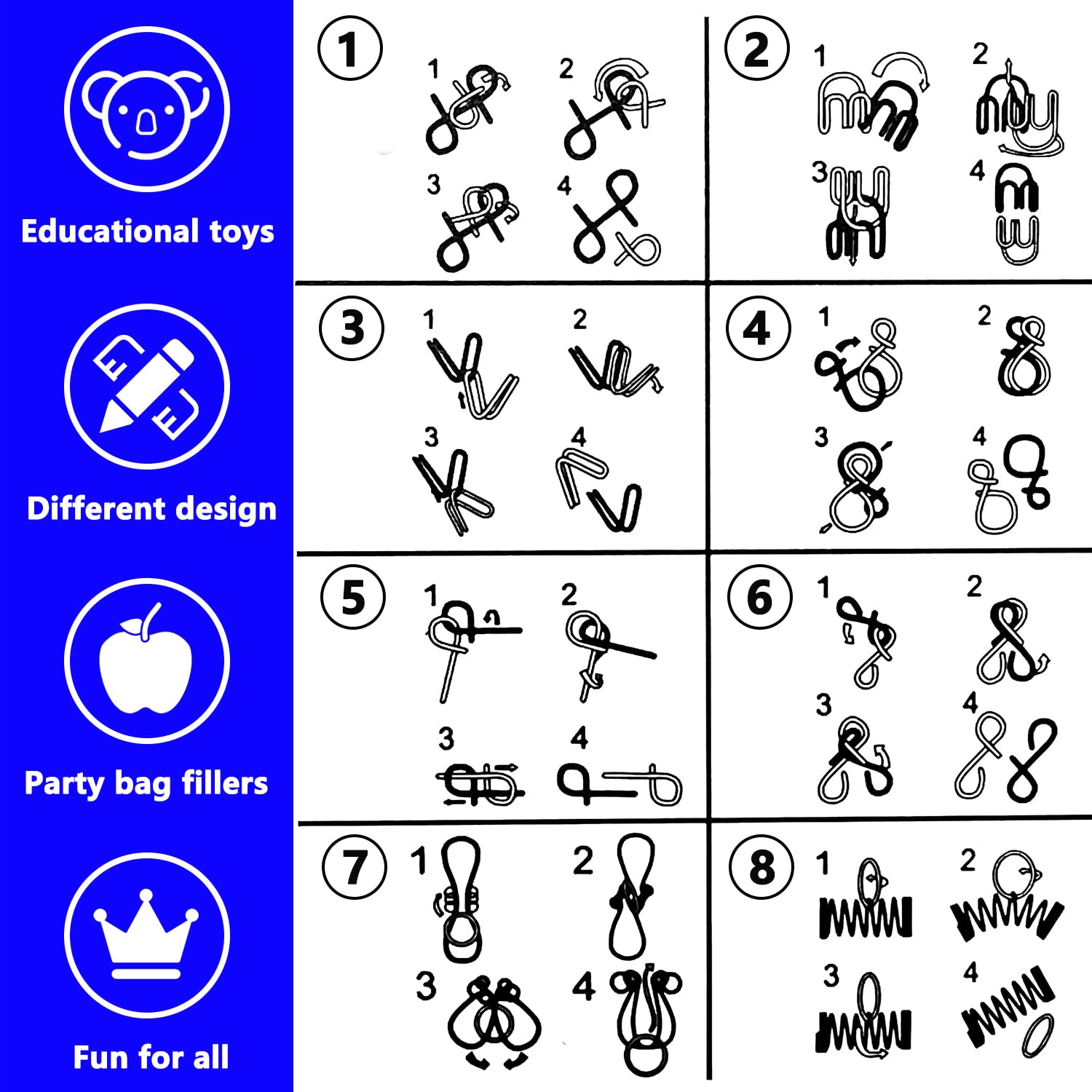 Zestaw 8 łamigłówek z metalowego drutu, metalowe druty IQ łamigłówki umysłowe, zabawka test IQ gra umysłowa puzzle szkolny prezent zabawki wypełniacze torebek imprezowych świąteczne upominki