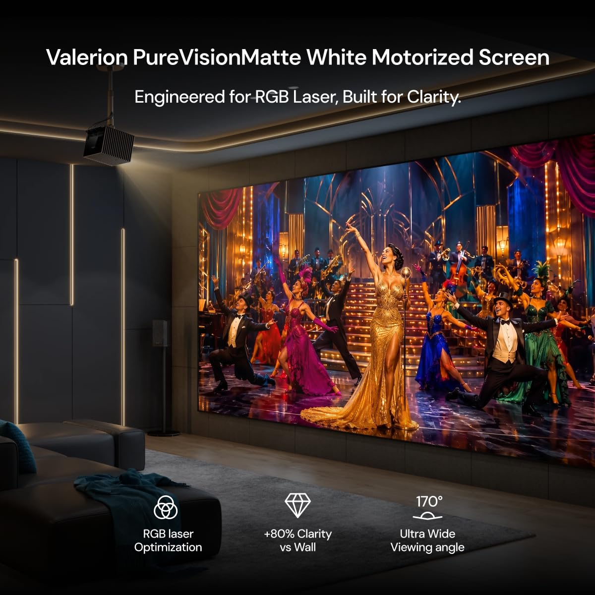 Pack Home Cinéma Anti-Speckle : Valerion VisionMaster Pro2, vidéoprojecteur 4K Triple Laser avec écran PureVision à Cadre Fixe 120", Support de Plafond et câble HDMI de 2 m