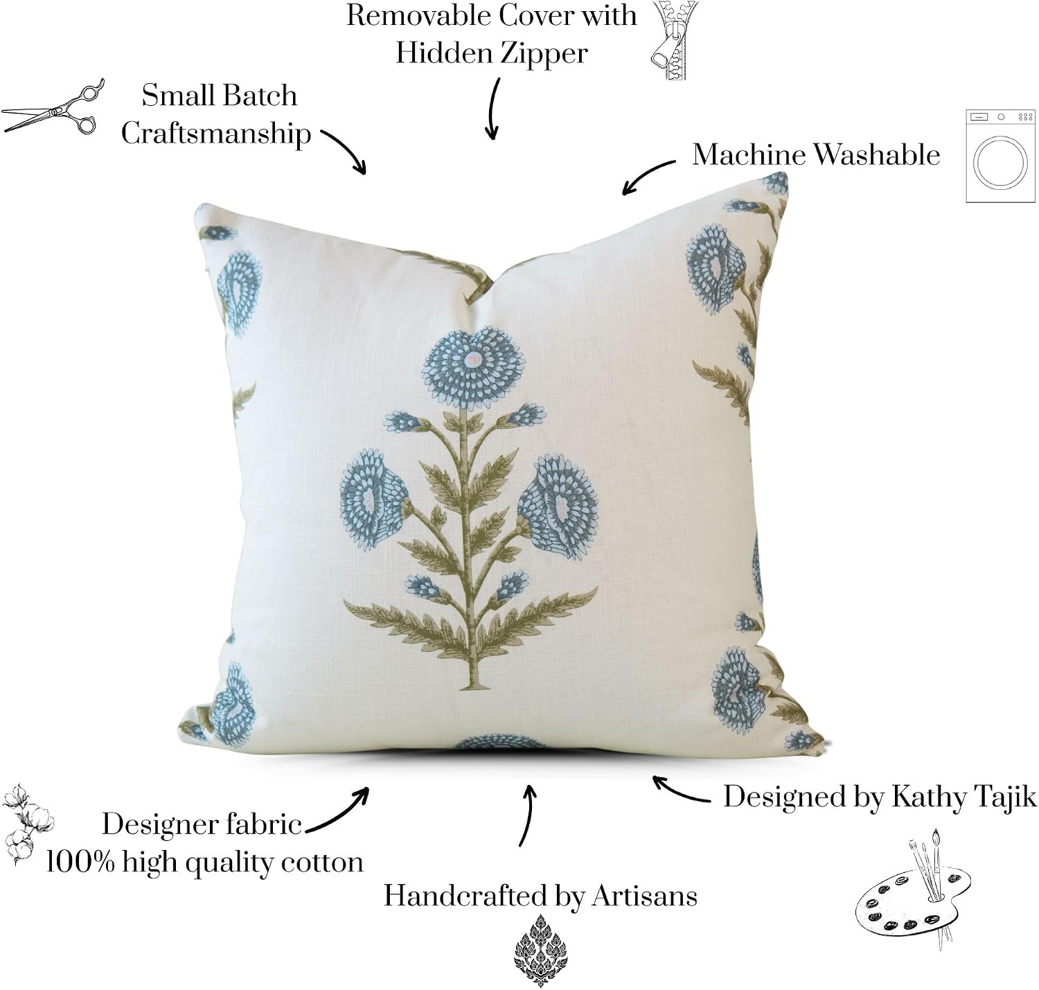 Tajik Home Flora Vintage Zinnia Block Print Pillow Cover 20x20 – 100% Cotton Decorative Throw Pillow Cover – Coastal Grandma Grandmillennial Style Accent for Sofa, Couch, or Bed