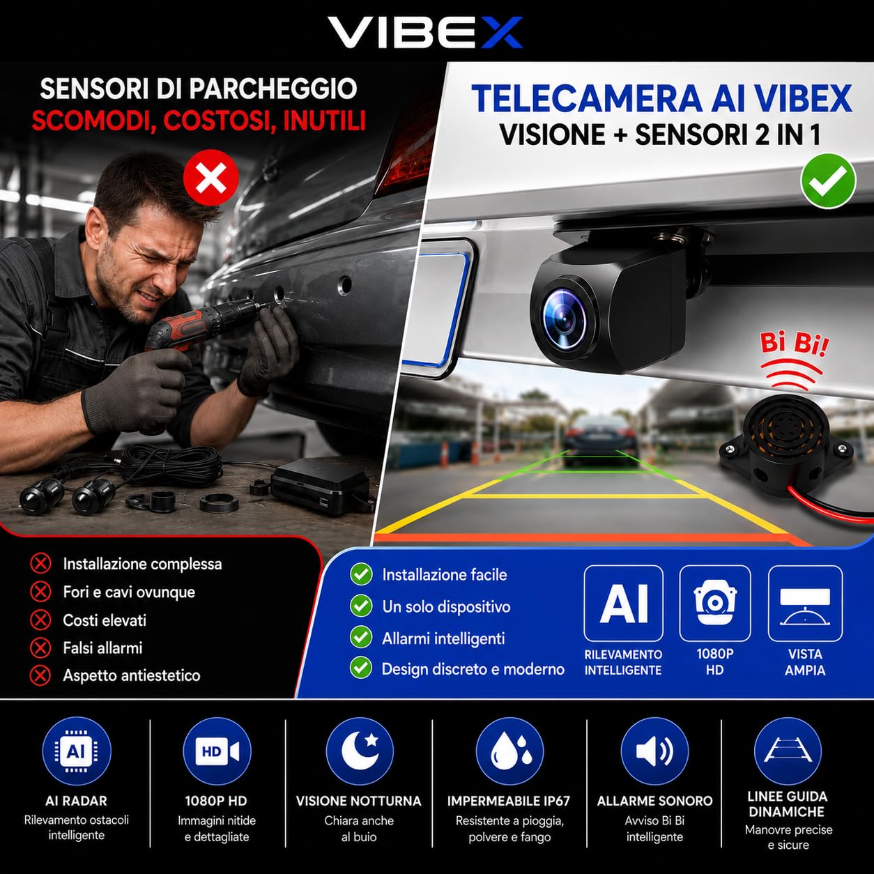 VIBEX Telecamera AI Posteriore AI 1080P | con Allarme Acustico SONORO| Compatibile con Autoradio Android e Monitor Auto | Impermeabile, Visione Notturna | Cavo 6 Metri