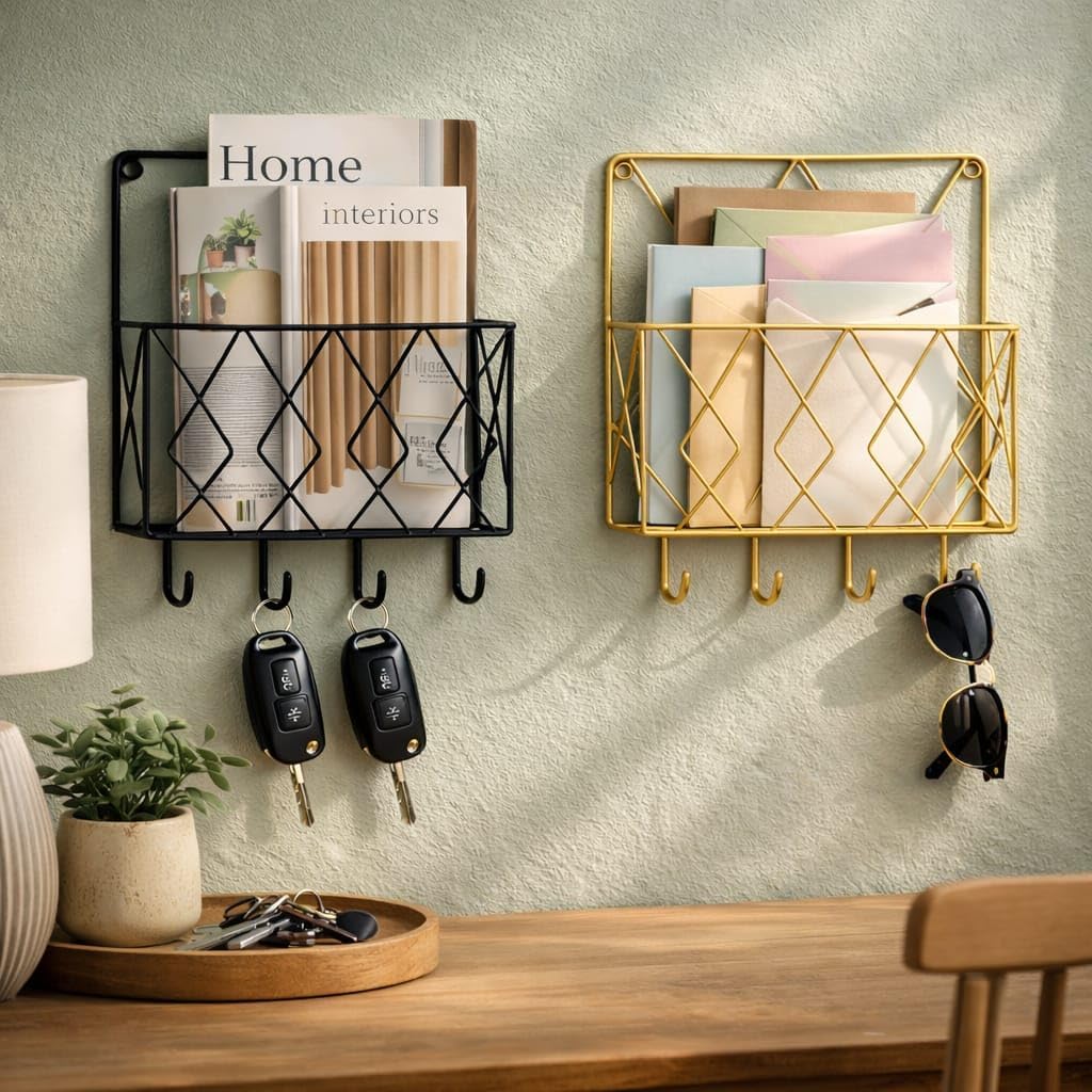 CentraLit 2 Pieces Wall Decor Hanging File Magazine Holder with Hooks - Magazine Newspaper Rack Black Gold Combo File Storage Rack for Office - Home Decor Wall Art Display Rack for Organisation