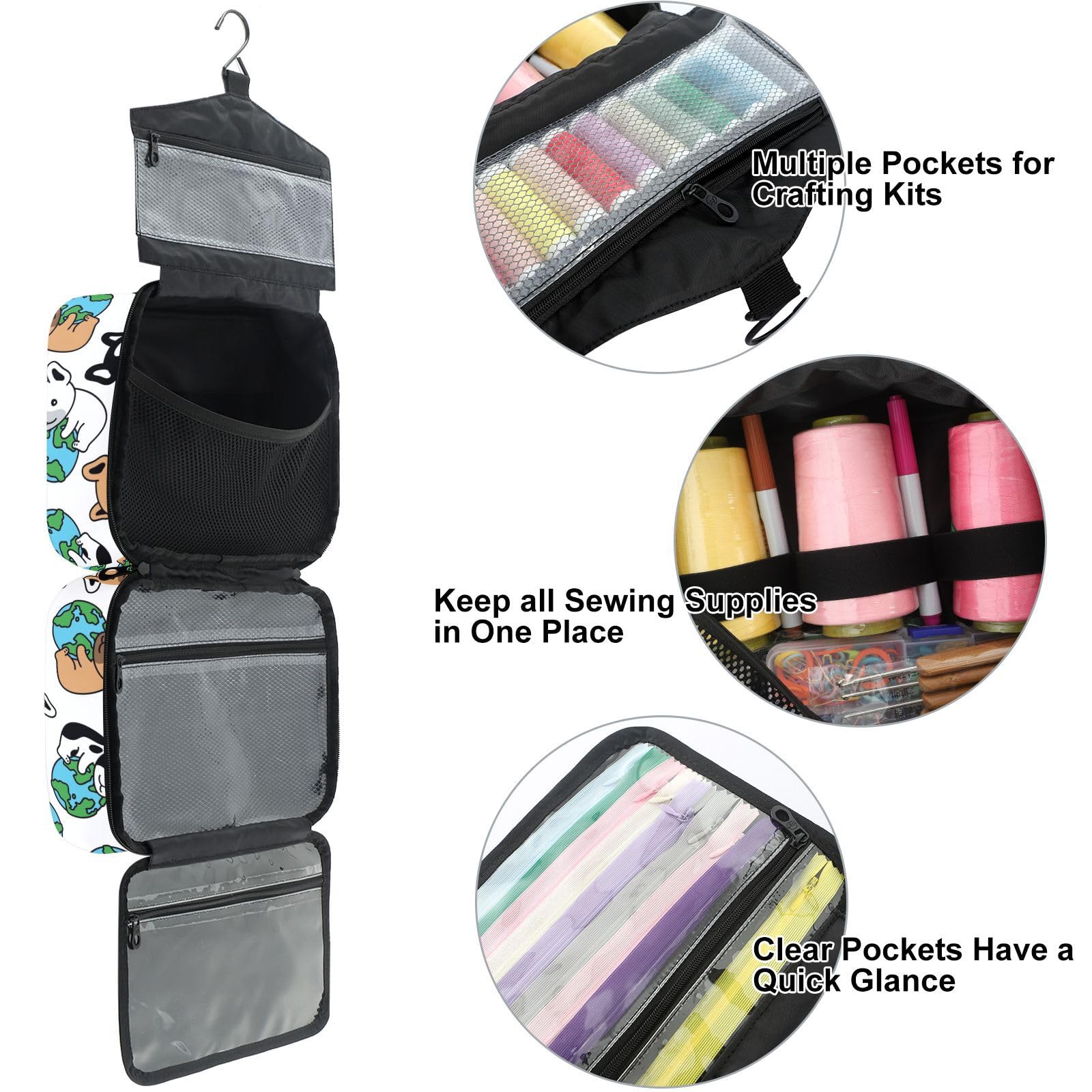 YNNALE Sewing Supply Organizer Bag, Cute French Bulldog with Earth Dog Portable Sewing Bags with Pockets&Hanger, Sewing Storage Box Case for Sew Supplies/Kit/Tools/Accessories (BAG ONLY)