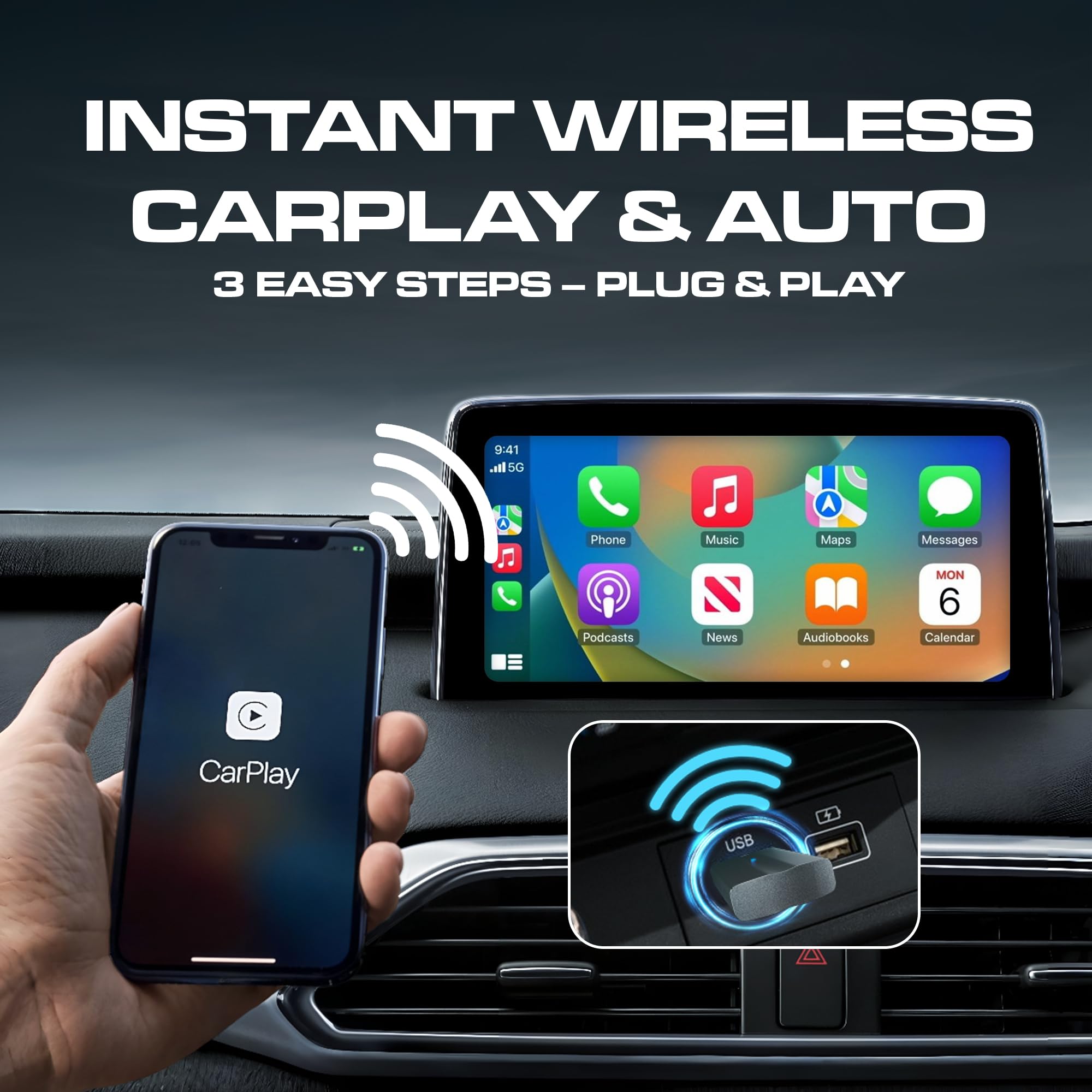 Wireless Android Auto & CarPlay Adapter, Plug & Play USB-A/USB-C Dongle, Fast Auto Connect, No App Needed, for Cars with Wired CarPlay, Android Auto