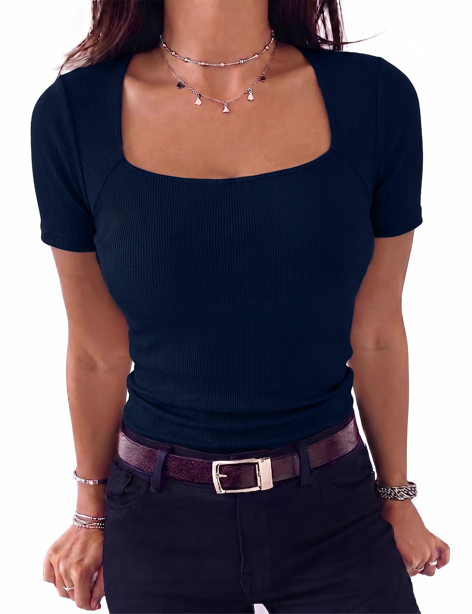 Aottori Damen T Shirt Gerippt Kurzarm Slim Fit Elastisch Eckigem Ausschnitt