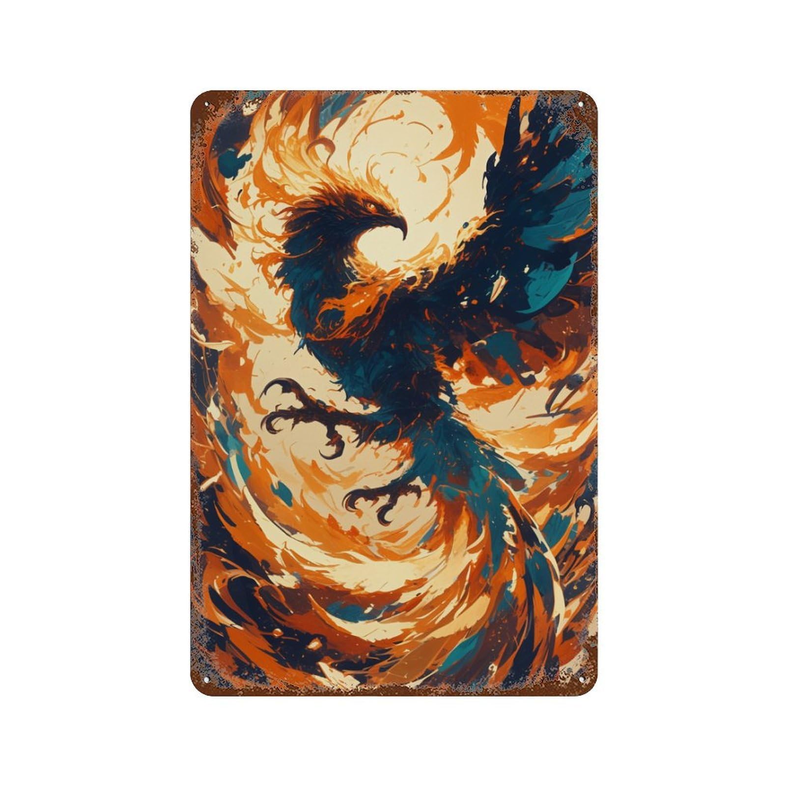 Rust Effect Phoenix Rising Firebird Artwork Distressed Metal Wall Sign 11.8"x7.9", Farmhouse Wall Decor for Office, Studio And Wall Decor