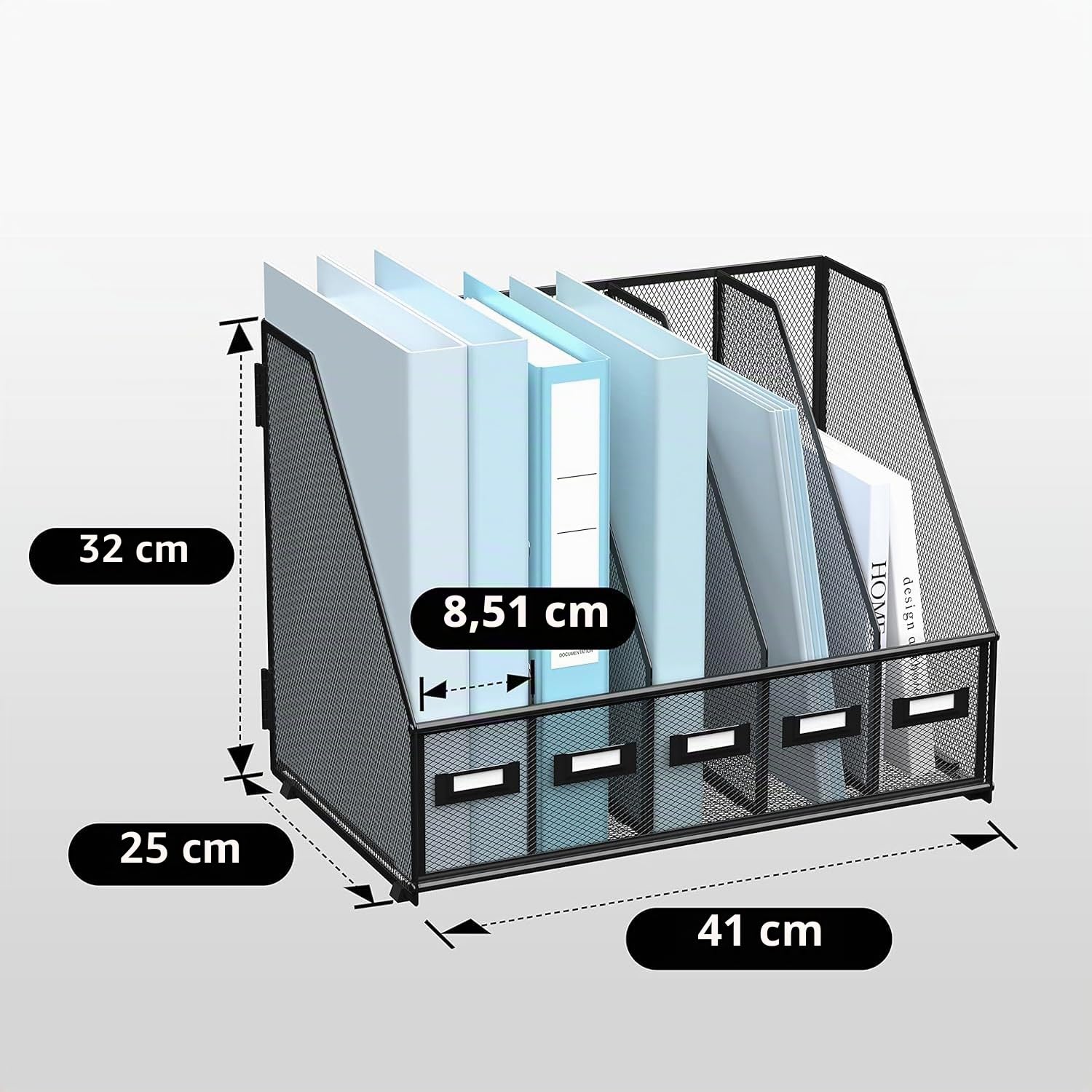 Organiseur de bureau en métal 5 compartiments verticaux noir