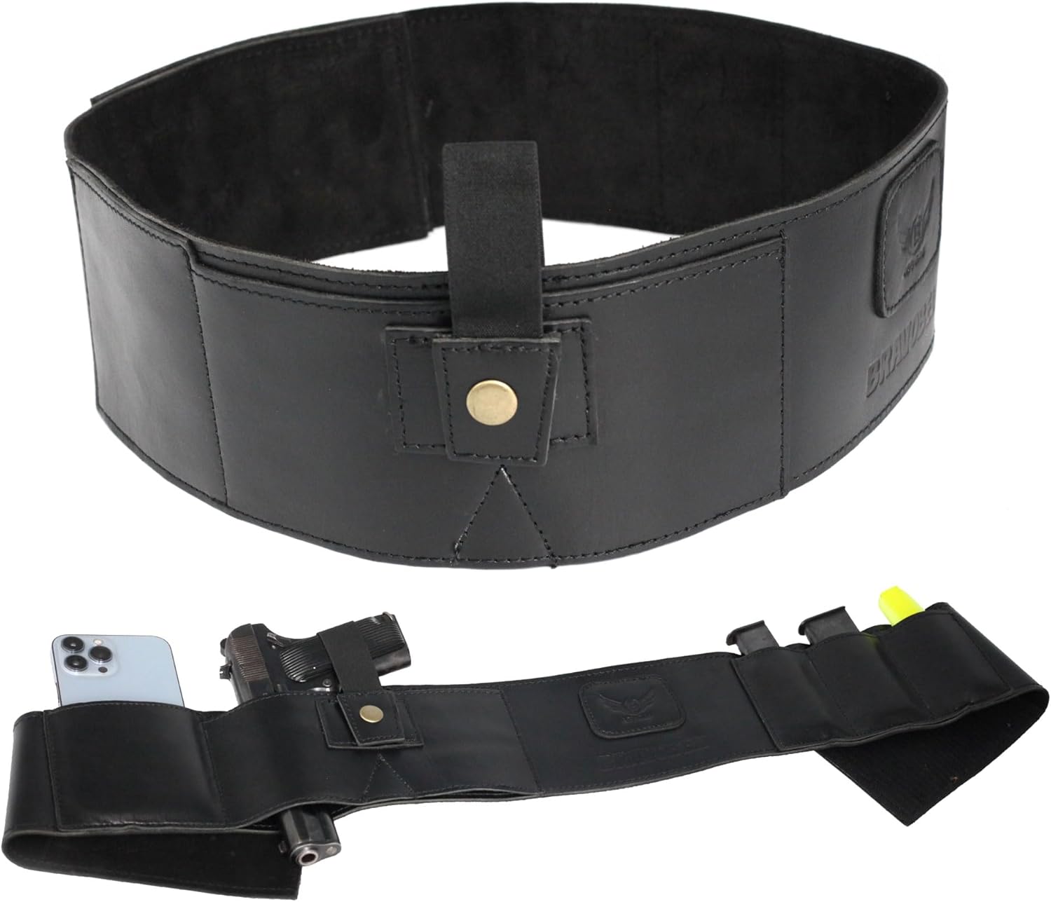 Black Belly Band Holster - Cowhide Leather Comfortable Carry, Ambidextrous, Water-Resistant, Compatible with Glock, Smith & Wesson - Unisex