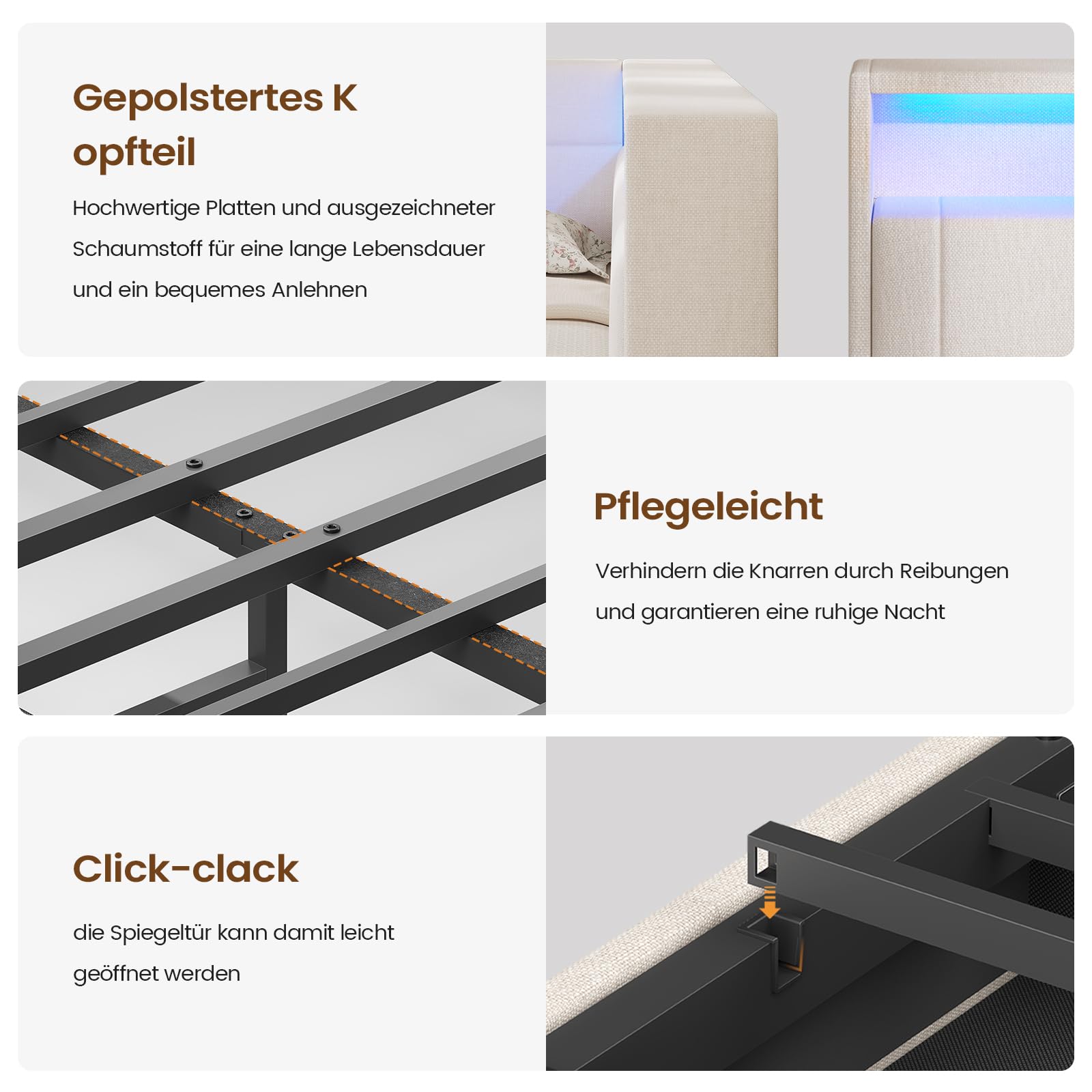 AOGLLATI Polsterbett Schlafsofa 140x200, Doppelbett mit LED-Beleuchtung & Ladestation, Betten 140x200 mit 4 Schubladen und Lattenrost aus Metall, Jugendbett Tagesbett, Leinen Beige (ohne Matratze)