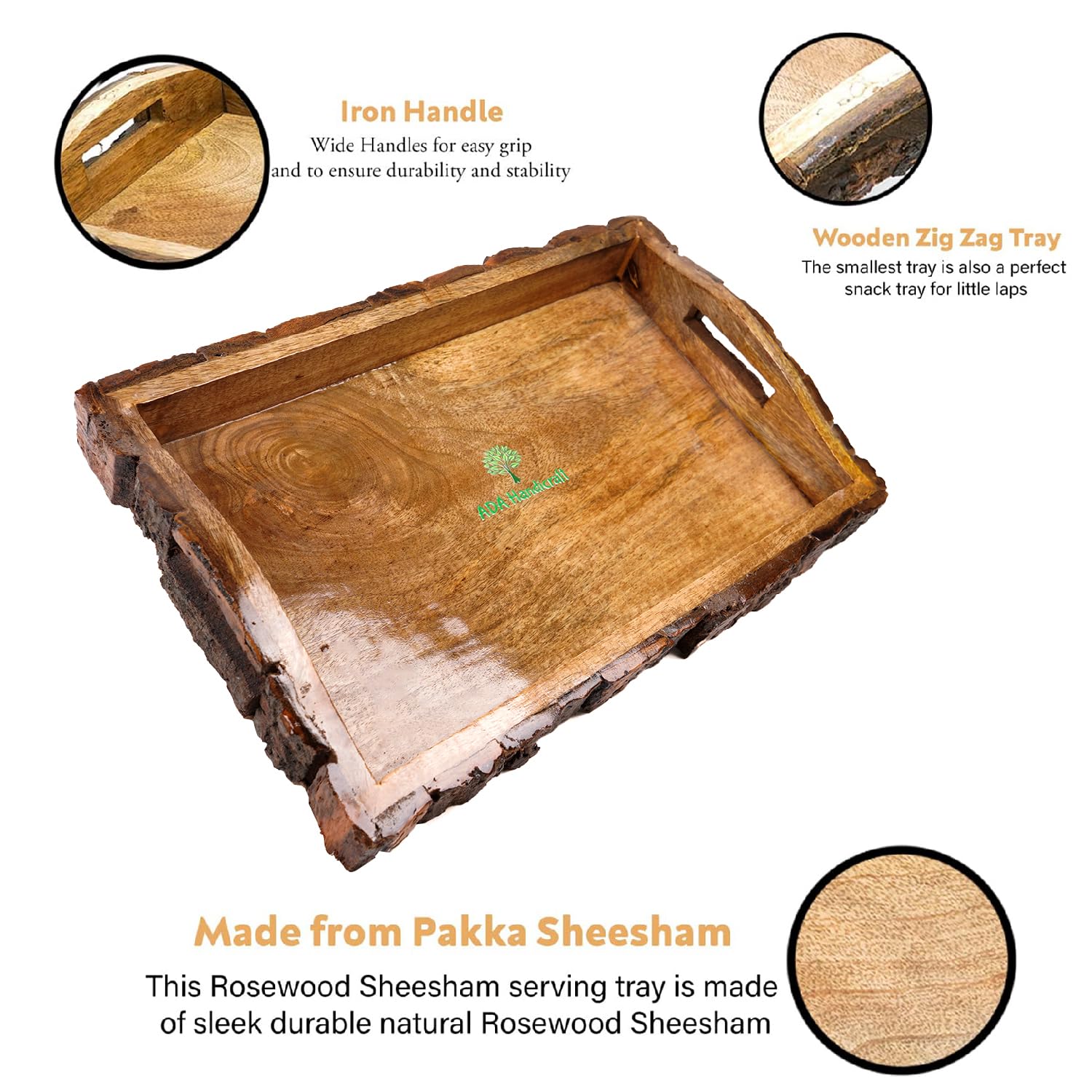 ADA Handicraft® Premium Mango Wood Handmade & Handcrafted Tray, Nested Rectangular Serving Platter - Size (37 x 25 x 6cm) Crafted by Saharanpur Artisans