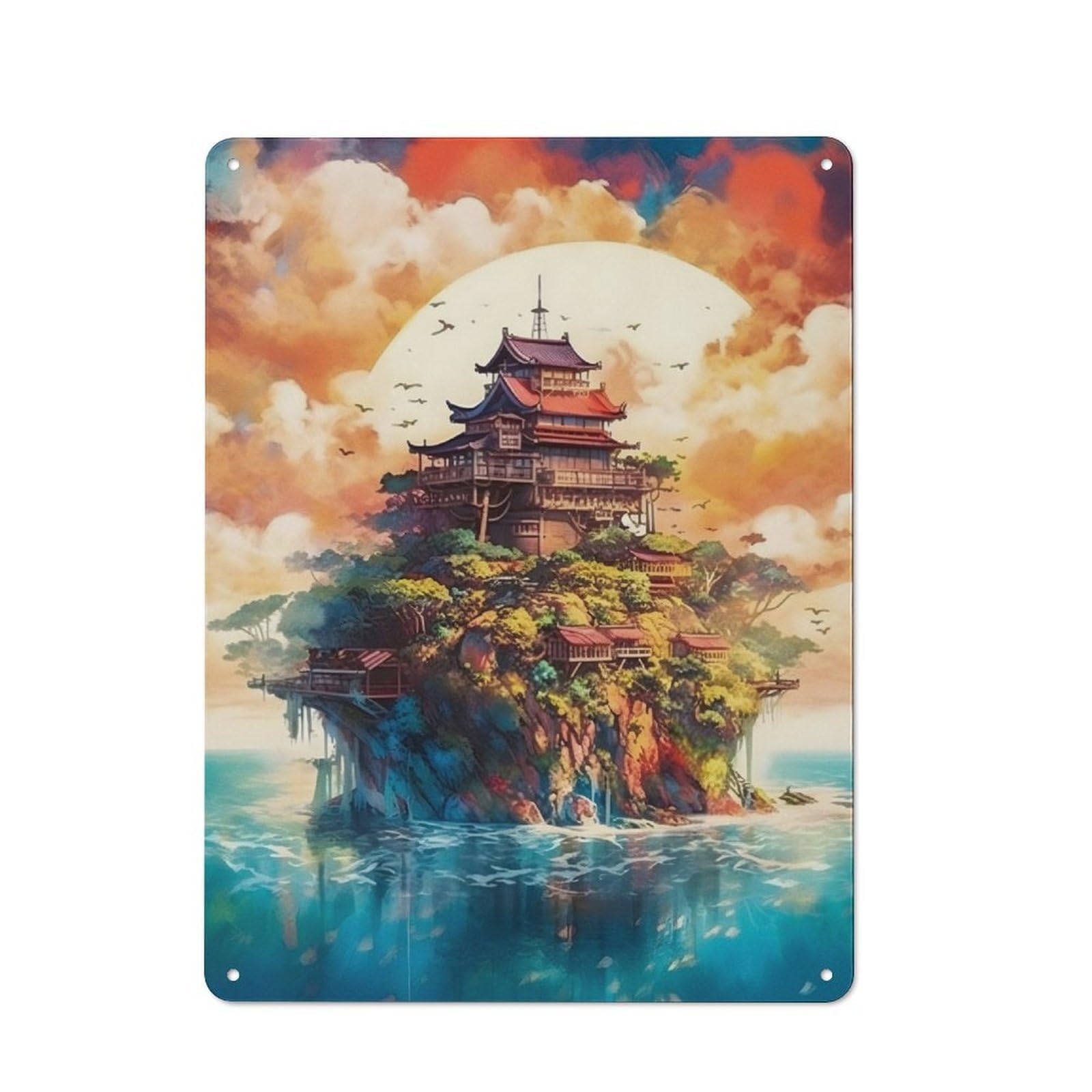 Junmoney Pagodas Island Tin Sign 40X30cm With For Pub Or Café, Retro-Style Decor, Suited To Café Interior Fans