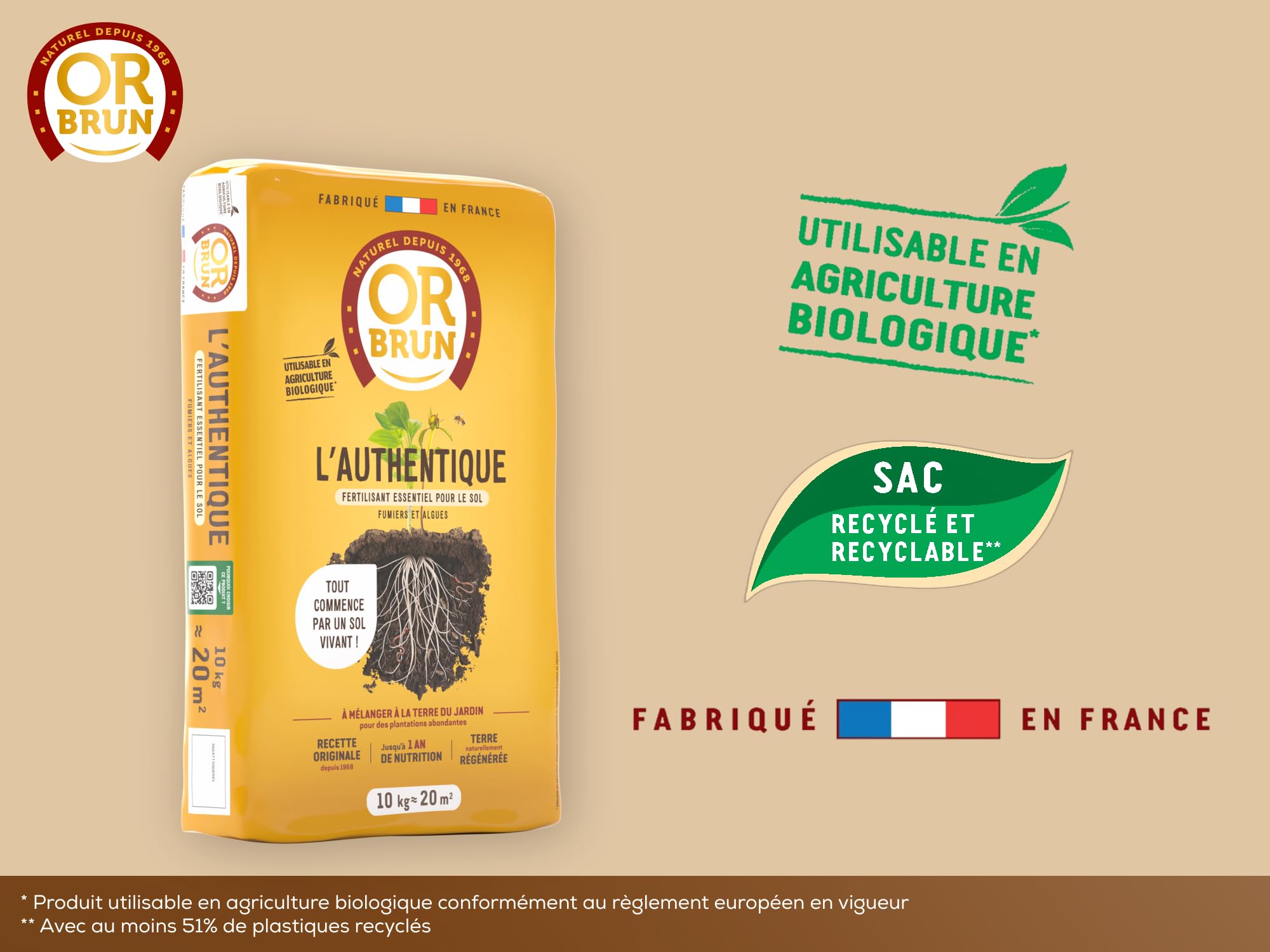 OR BRUN Authentique Fertilisant - Fertilisant Essentiel Pour Le Sol - 10kg - 20m² - Fumiers & Algues OBRAAUT10