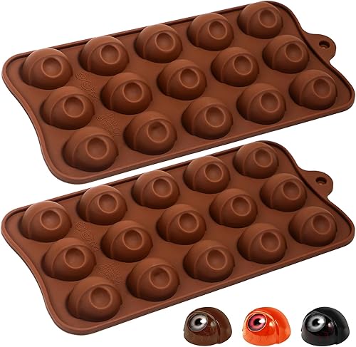 Kamehame Moldes de silicona para globos oculares de Halloween, 2 moldes redondos para hornear gelatina, bola de pudín, trufa cordial, cubitos de