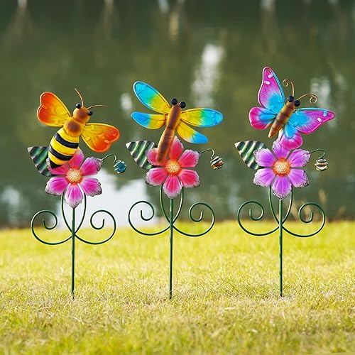 Miniatura 5 de Topadorn Juego de 3 estacas de jardín florales para exteriores, impermeables, de metal, para césped, patio, camino y maceta, juego de 3, abeja,