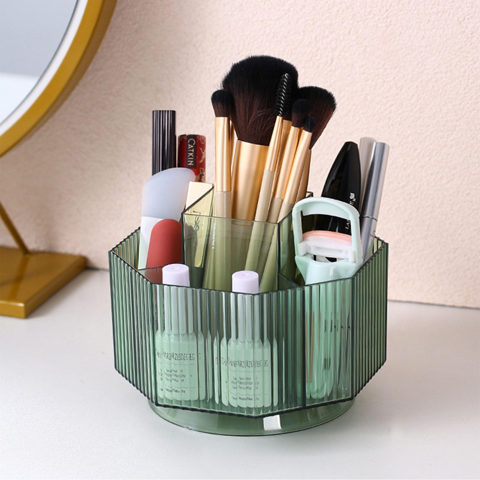 LINFIDITE360°Rotating Makeup Organizer Holder Cosmetic Display Case Clear Makeup Brush Lip Gloss Organizer Case with 5 Slots Round Turntable Storage Tray for Vanity, Bathroom, Counter Organizer Green