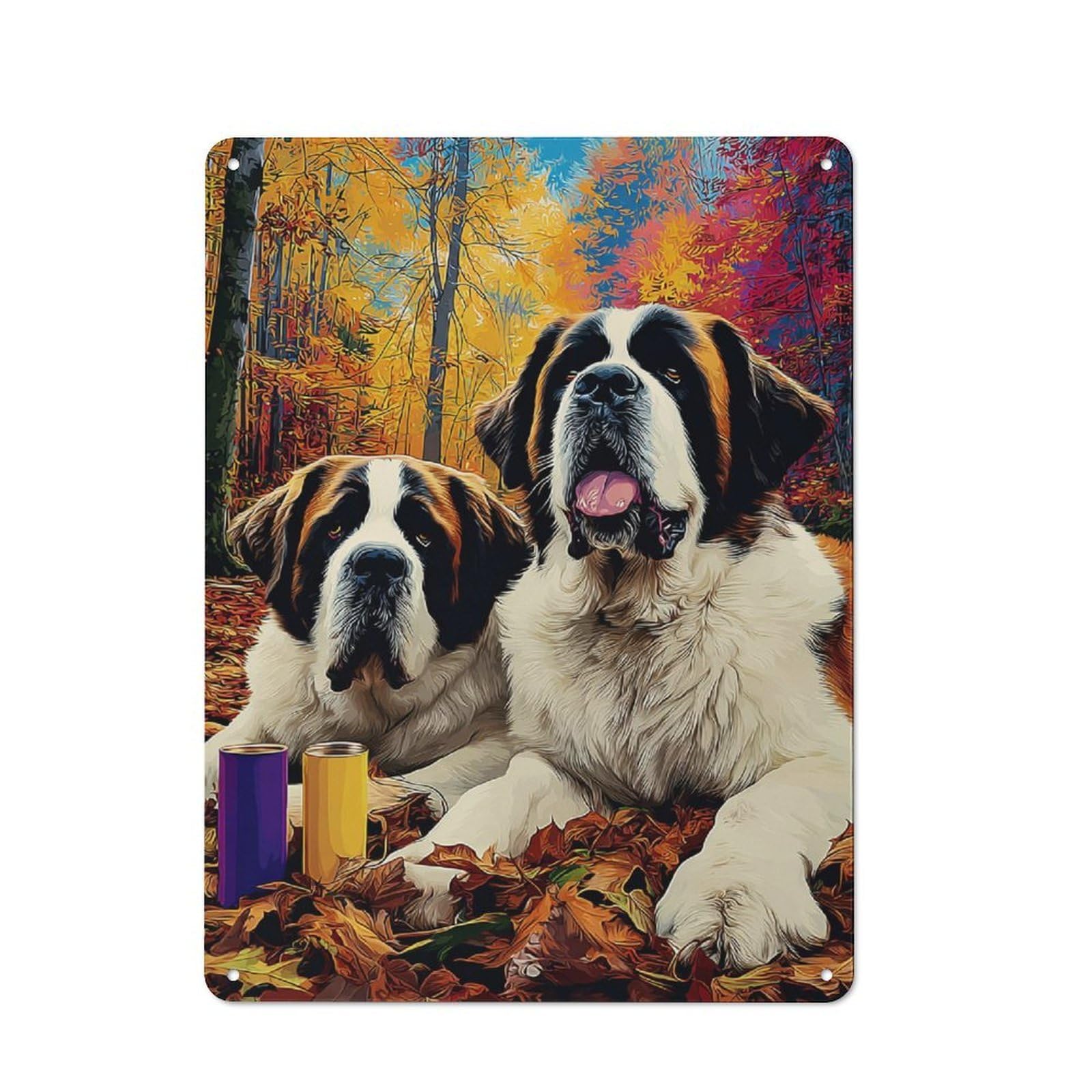 Autumnal Canine Pair in Leaves Vintage Tin Sign 40x30cm, Rustic Bistro Wall Plaque for Kitchen, Cafe, Pantry Or Dining Room