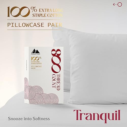 Miniatura 4 de MAYFAIR LINEN Juego de 2 fundas de almohada 100 % de algodón egipcio, fundas de almohada de 800 hilos tamaño Queen  estándar, suaves y transpirables