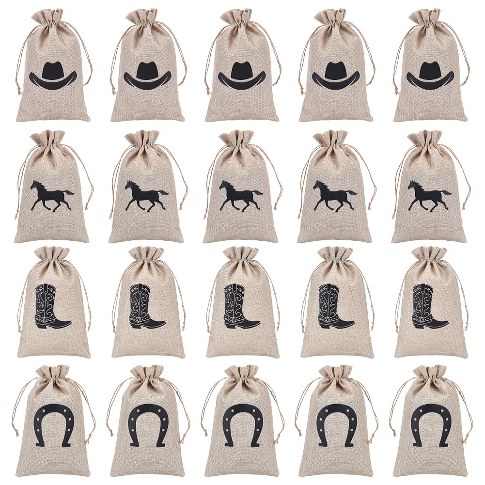 PH PandaHall 20pcs Western Horse Gift Bags 4 Styles Cowboy Boot Drawstring Bag Party Favor Bags Cowboy Hat Bags Candy Packing Pouches for Birthday Wedding Party Gift Giving Decor, 25x15cm