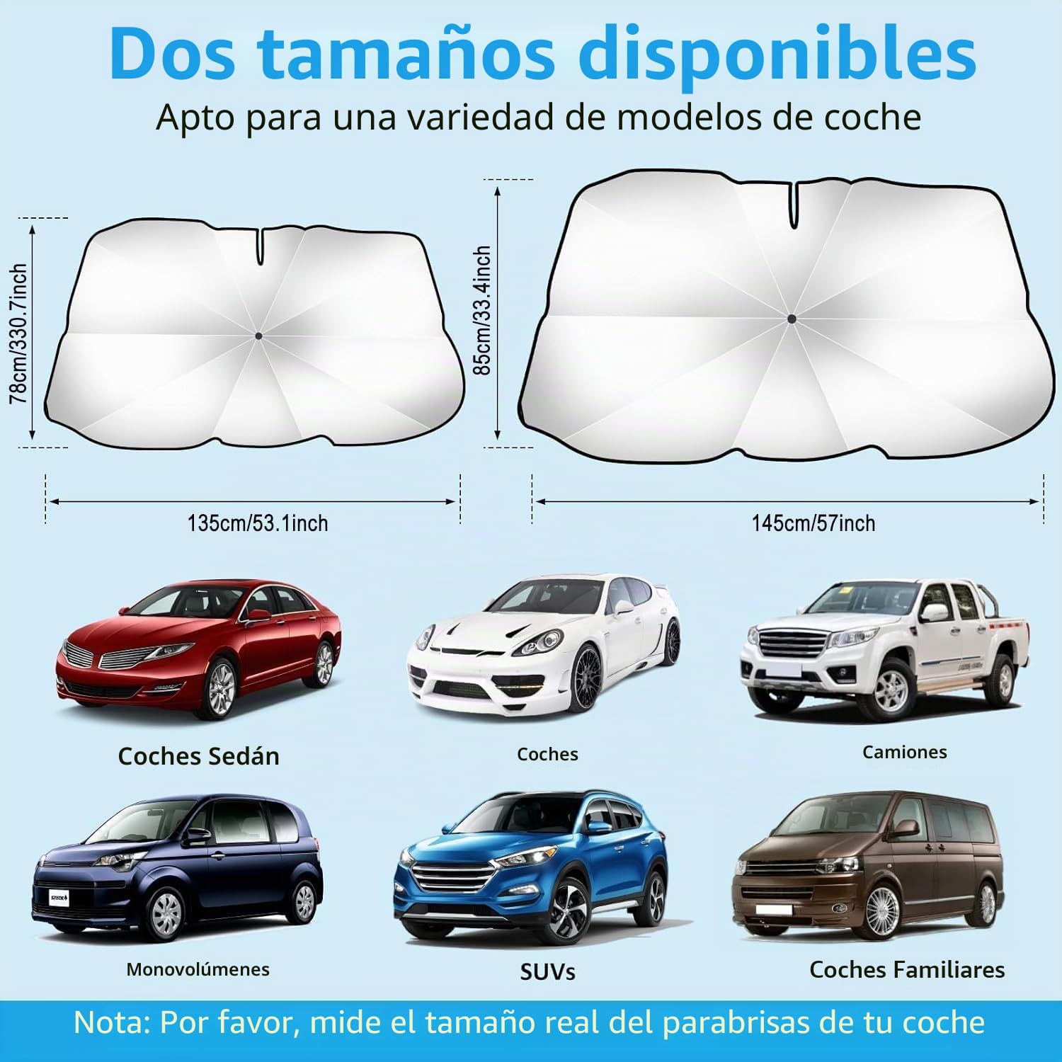 Parasol Coche Delantero,Parasol Paraguas Coche Actualizado Quitasol Coche Delantero Protección UV y Bloqueo Térmico para la Mayoría de Los Coches (145×85 cm)