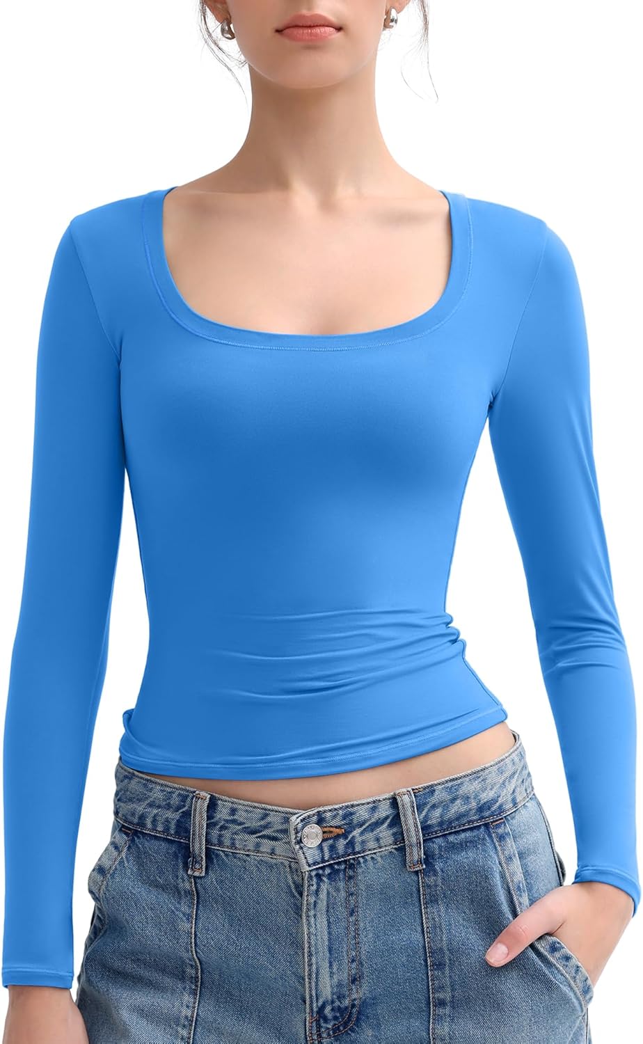 PUMIEY Women's Long Sleeve T Shirts Scoop Neck Slim Fit Going Out Tops Double Lined Basic Tee Smoke Cloud Collection