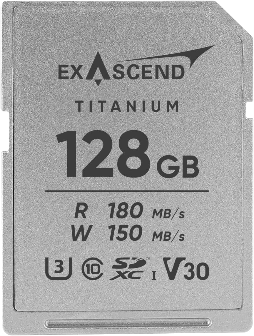 Exascend V30 All-Metal SD Card, UHS-I, V30, 4K Ultra HD, up to 180 MB/s, IP67 Waterproof & Dustproof, Compatible with Canon, Nikon, Panasonic and Other Cameras (128, GB)