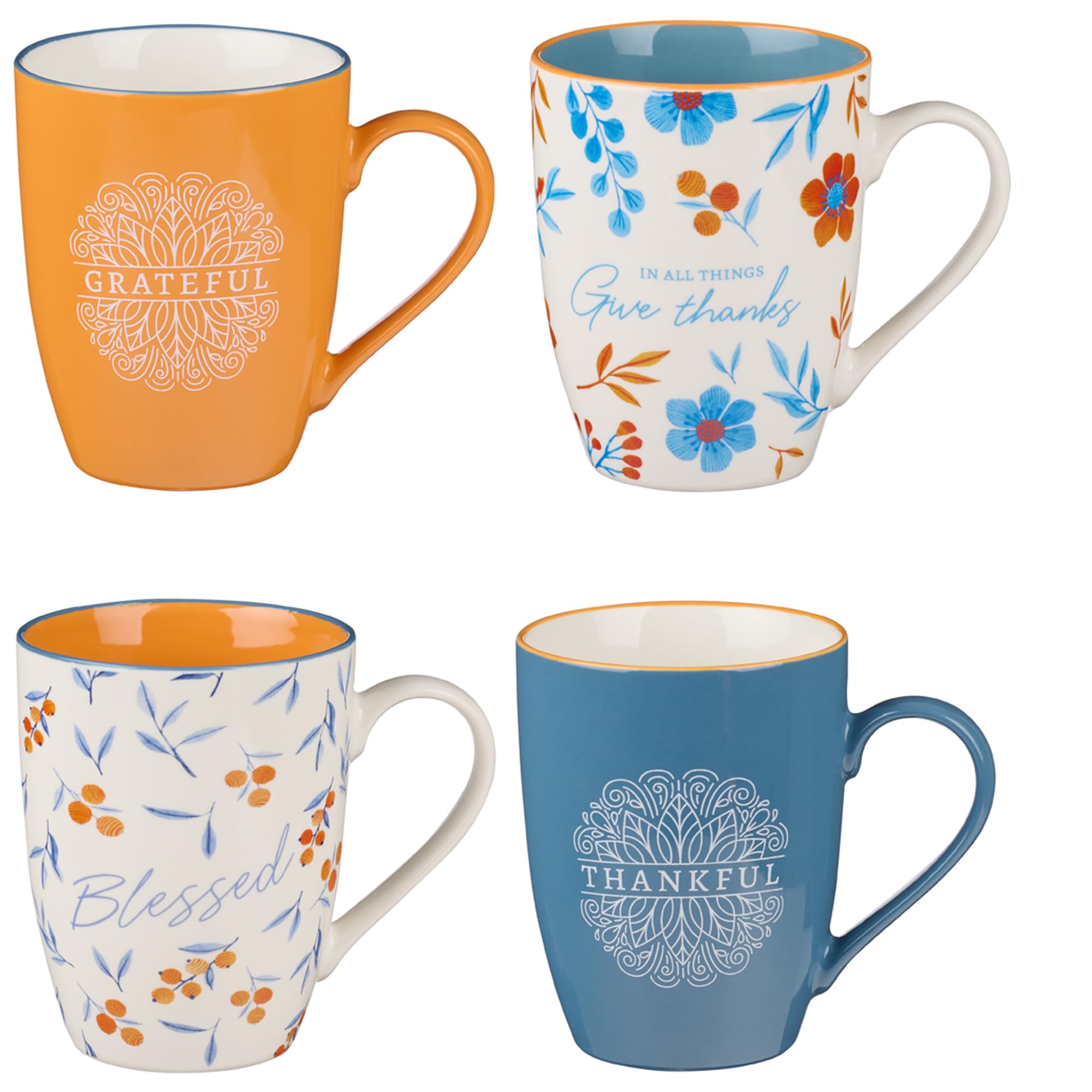 Christian Art Gifts Floral Ceramic Coffee and Tea Mug Set: In All Things Give Thanks: Thankful, Grateful, Blessed Novelty Mug Set with Scripture - Set