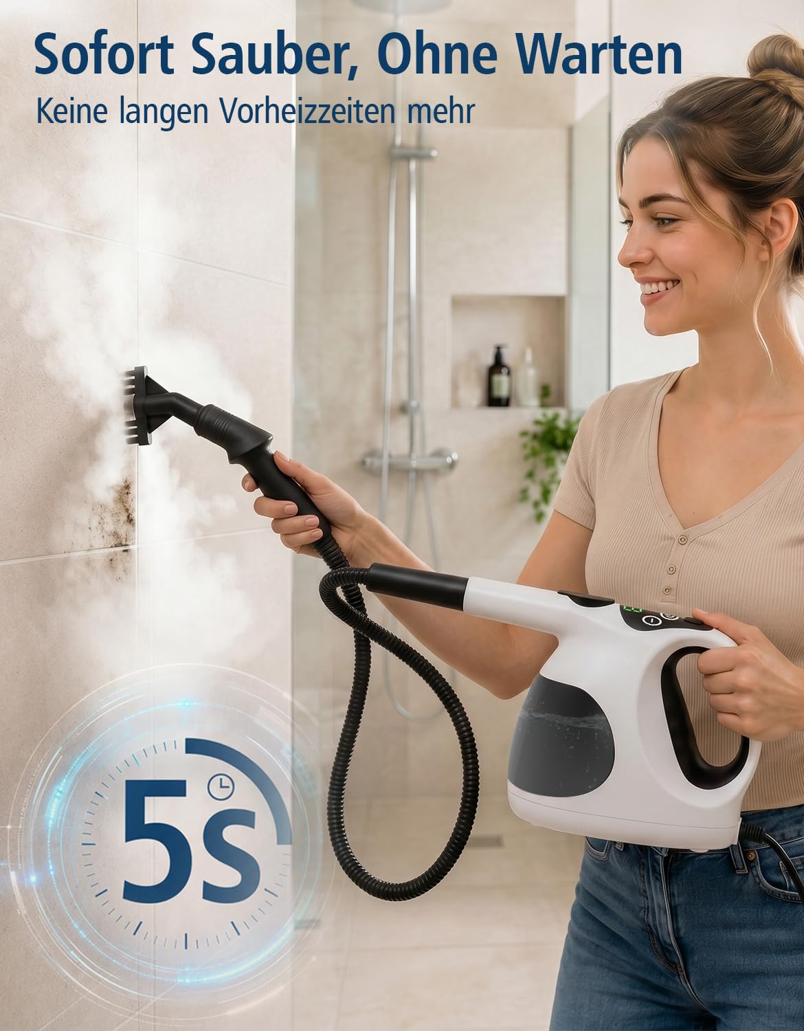 Limpiador de Vapor 1200W, Calentamiento en 5S, 3 Modos | Depósito 400ml, recarga continua, 105°C, control con 1 botón, sin productos químicos, 10 accesorios