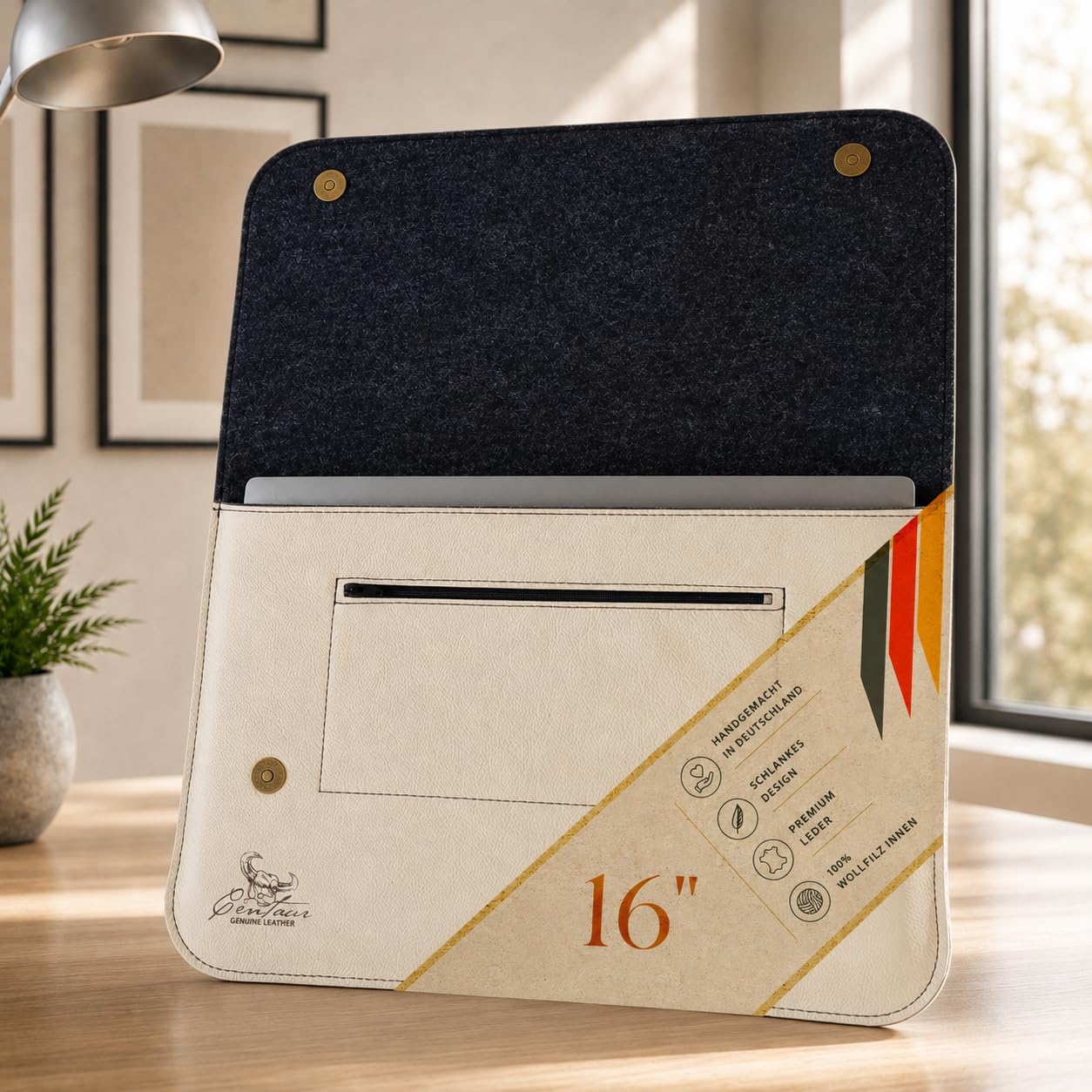 Centaur Custodia per laptop di alta qualità in vera pelle italiana e 100% feltro di lana, realizzata in Germania, elegante custodia con scomparto extra, custodia protettiva per notebook da 16", colore