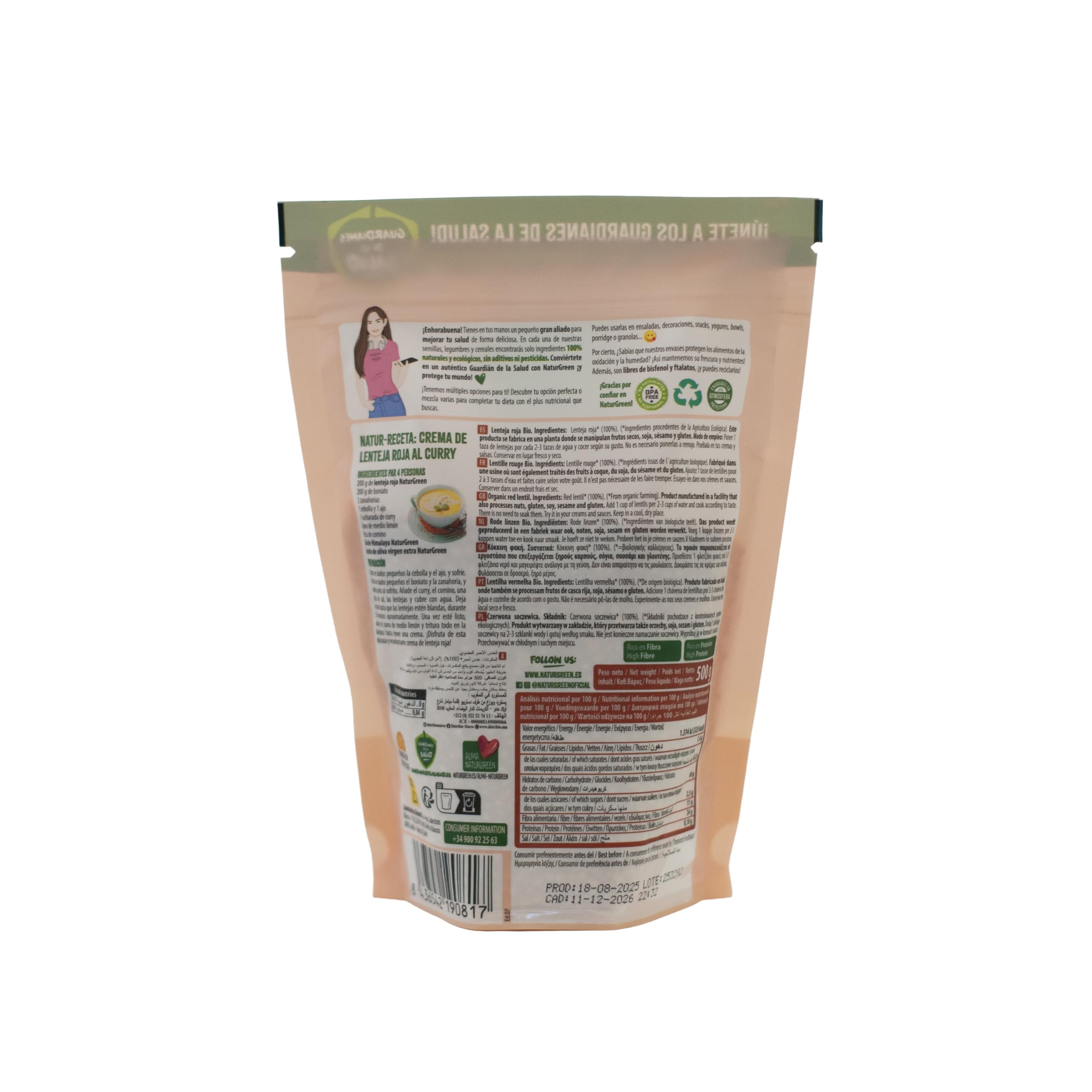 Lentejas Rojas Bio 500 g NaturGreen Alto Contenido en Proteína y Fibra Agricultura Ecológica
