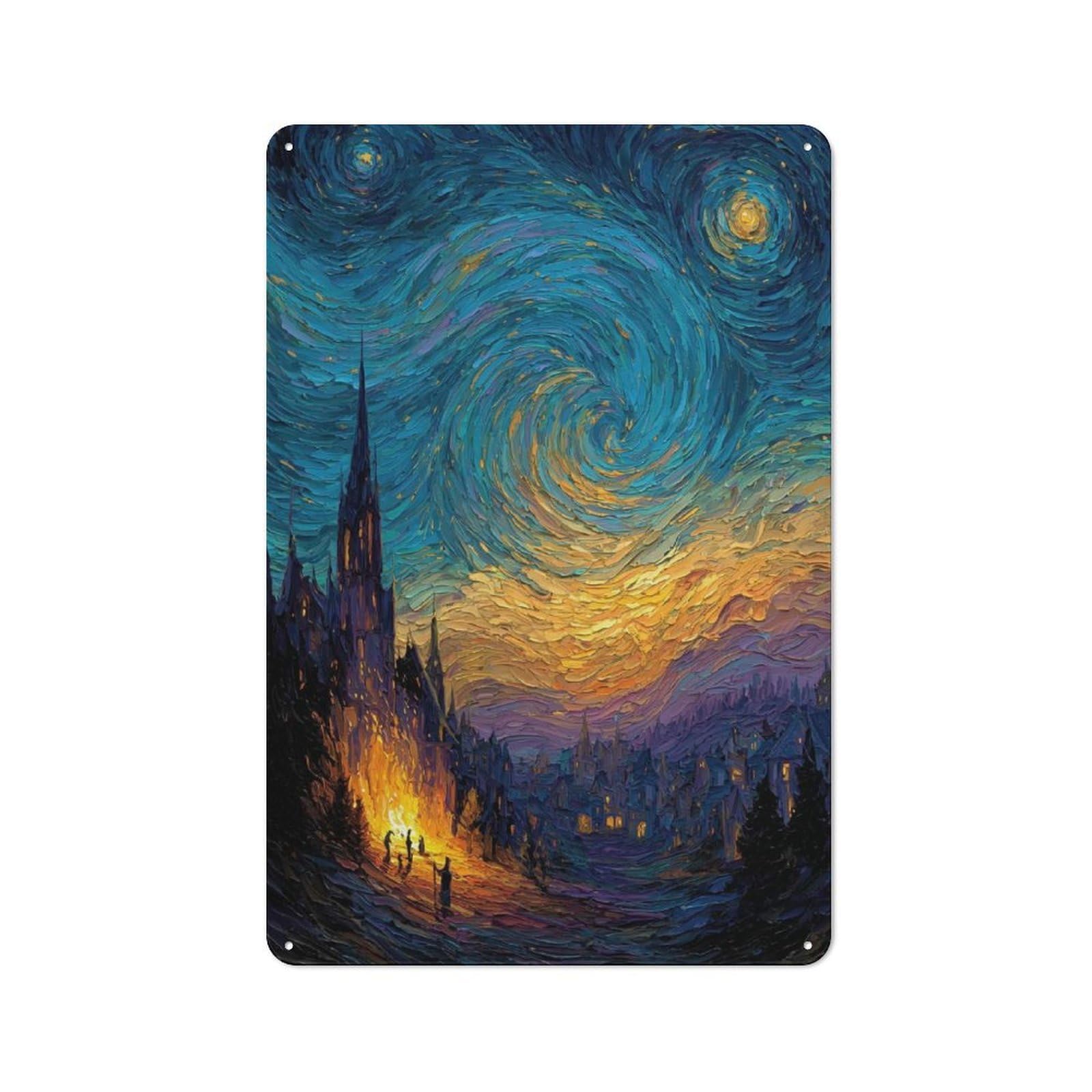 Junmoney Starry Night Inspired Village Painting Decorative Metal Plaque With Design 30X20cm, Vintage Porch Wall Decor For Shed, Garden Room, Porch Or Garage