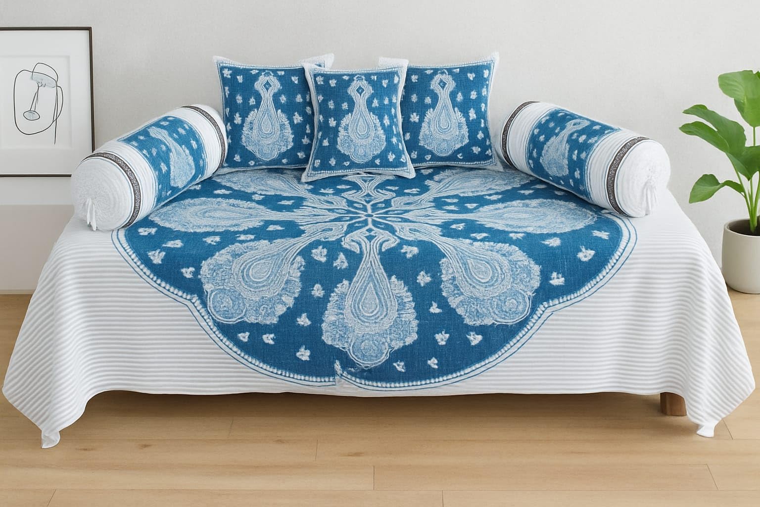 Jaipuri Printed Diwan Set Pure Cotton Diwan Bedsheet with 2 Bolster Covers & 3 Cushion Covers | Soft, Breathable Fabric | Pack of 6 (1+2+3) (6, Dark Blue, S/B Bedsheet (60+90))-image-9