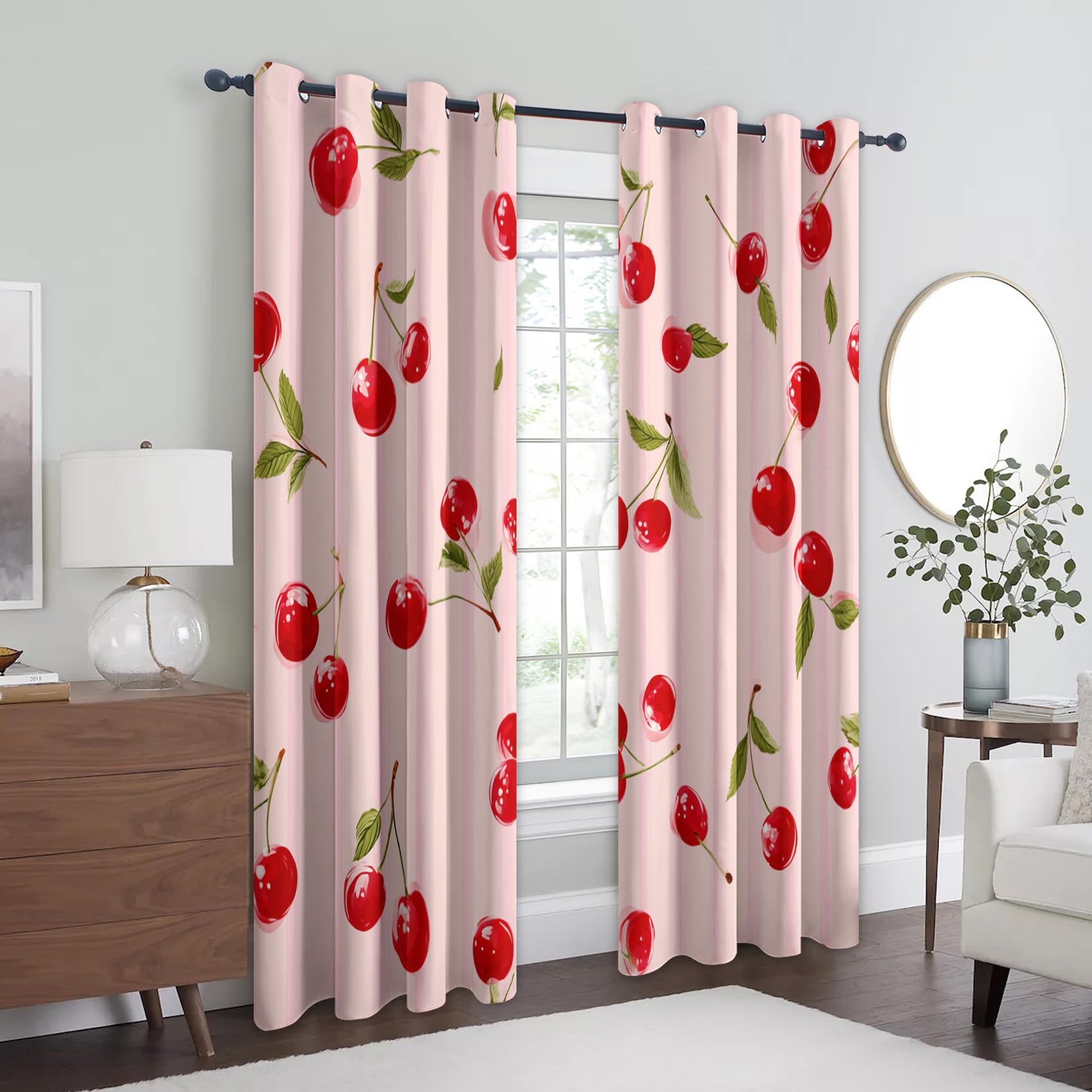 Générique Rideau Occultant Cerise Rouge, 140 x 220 (LxH) 2 Pieces, Opaque 95%, Motif Fruit, Rideaux Fenetre Thermiques à Oeillets, Decoration Maison Salon Chambre CMC262