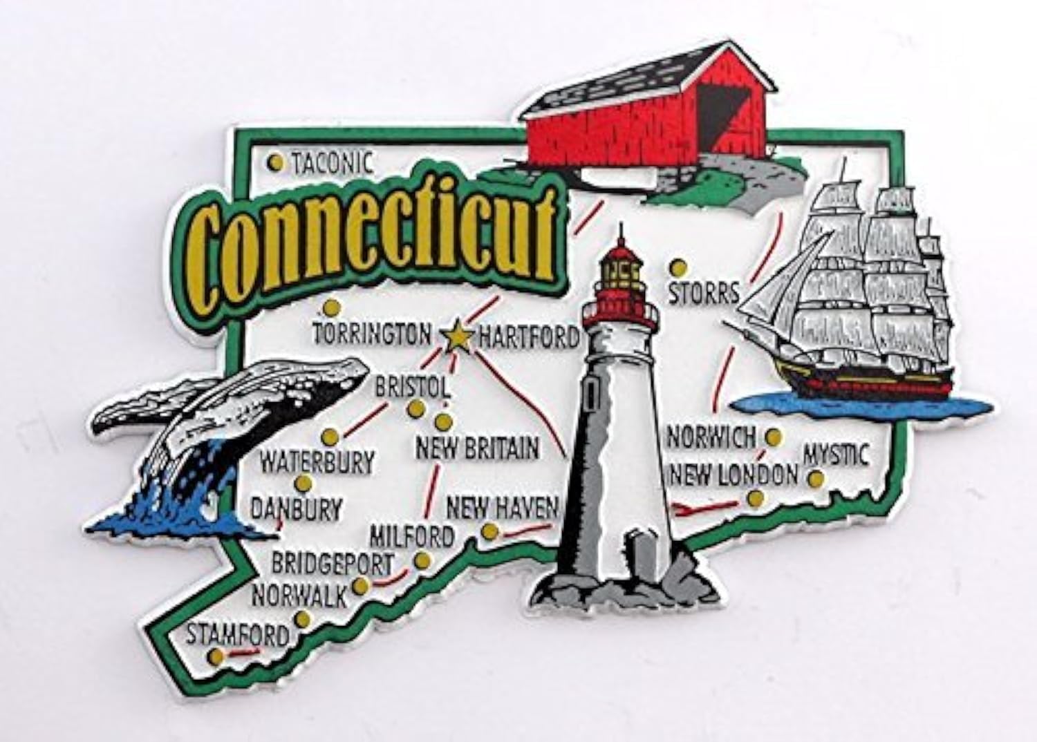 Connecticut State Map and Landmarks Collage Fridge Souvenir Collectible Magnet FMC