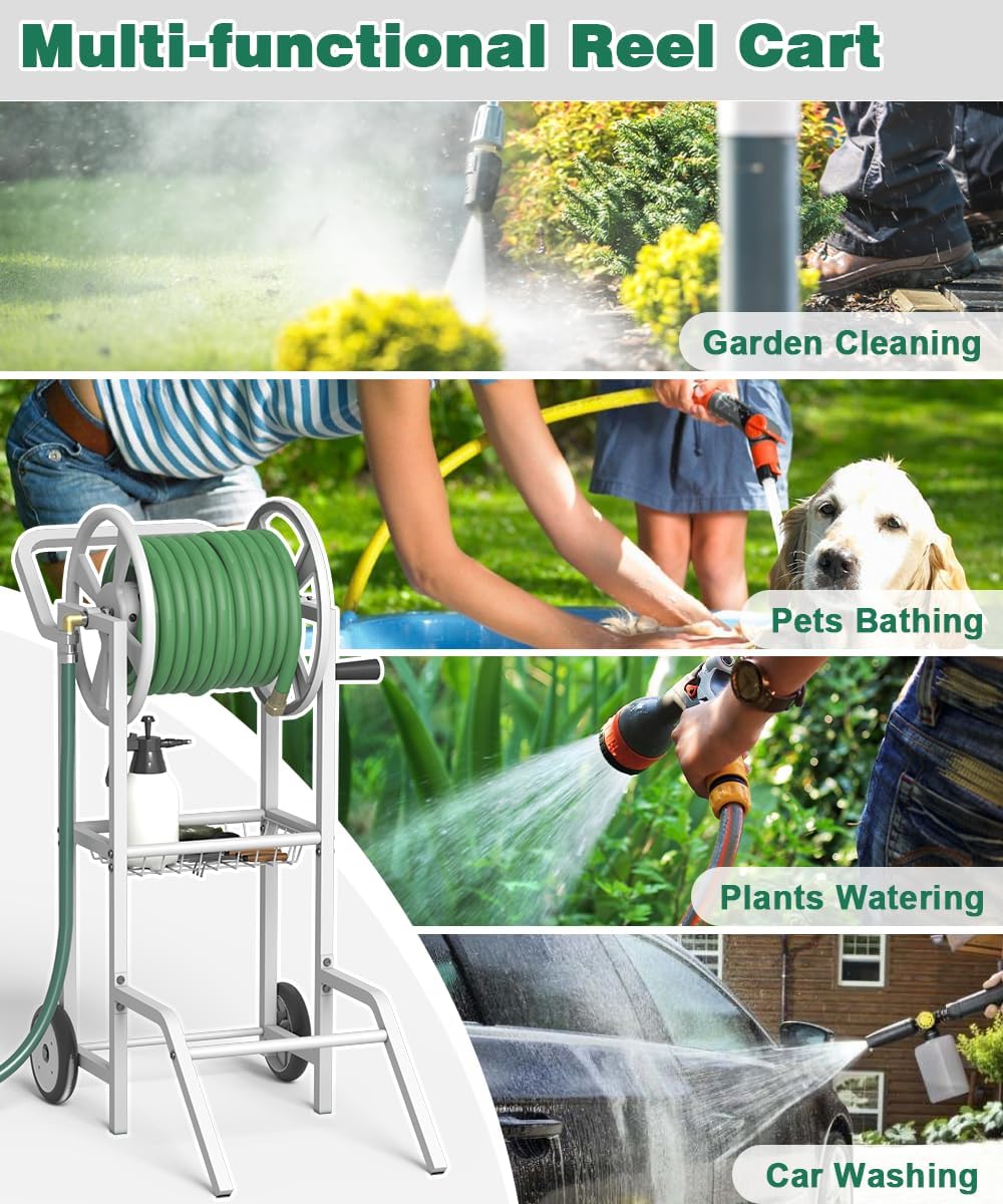 Hose Reel Cart with 2 Wheels, Garden Water Hose Holder Heavy Duty Powder Coated Steel Outdoor Winder Storage Holds 125 ft 5/8" Hoses with Basket and 3.9ft Leader Hose for Backyard, White