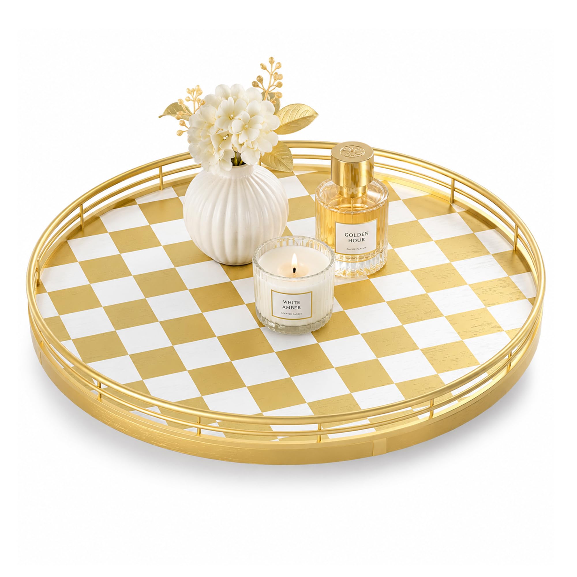 AMH 12-Inch Gold and White Checkerboard Lazy Susan with Metal Rail