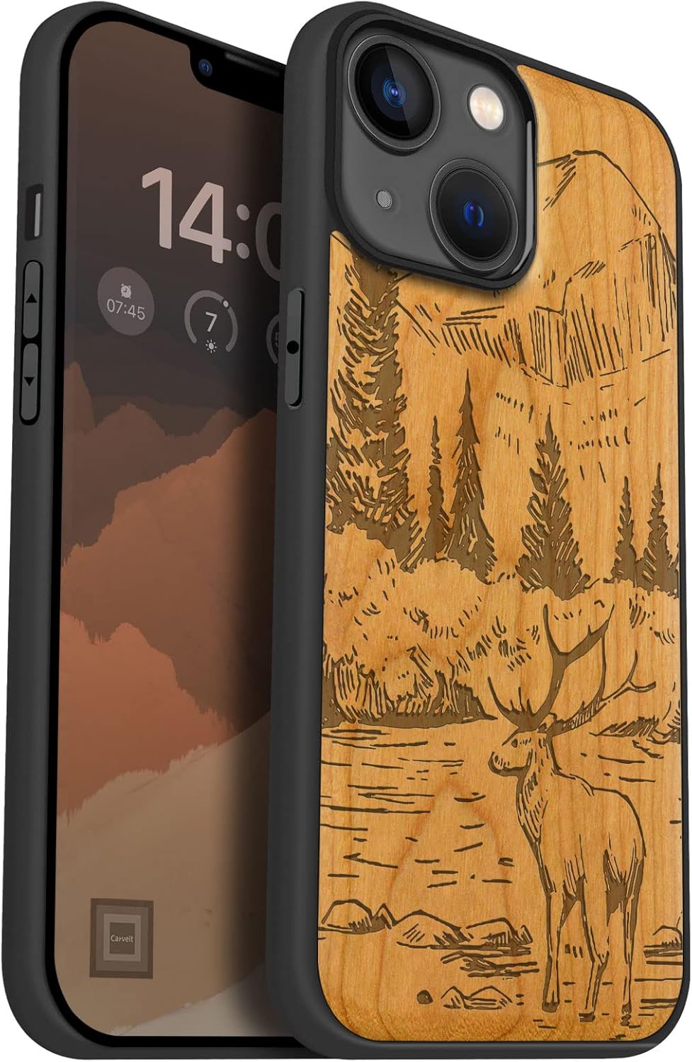 Carveit Magnetic Wood Case for iPhone 14 Case [Natural Wood & Black Soft TPU] Shockproof Protective Cover Unique Wooden Case Compatible with magsafe (Mountains and Deer -Cherry)