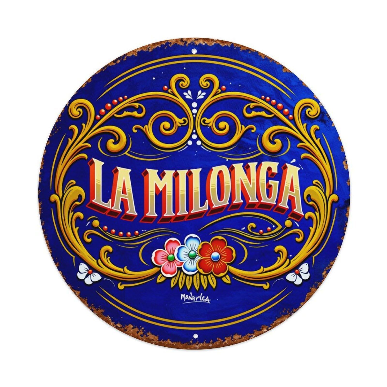 Blue Background Gold Ornament Flowers Text Round Tin Sign Vintage Metal Sign Home Bar Garden Indoor & Outdoor Wall Decor Retro Metal Poster 8x8 Inch