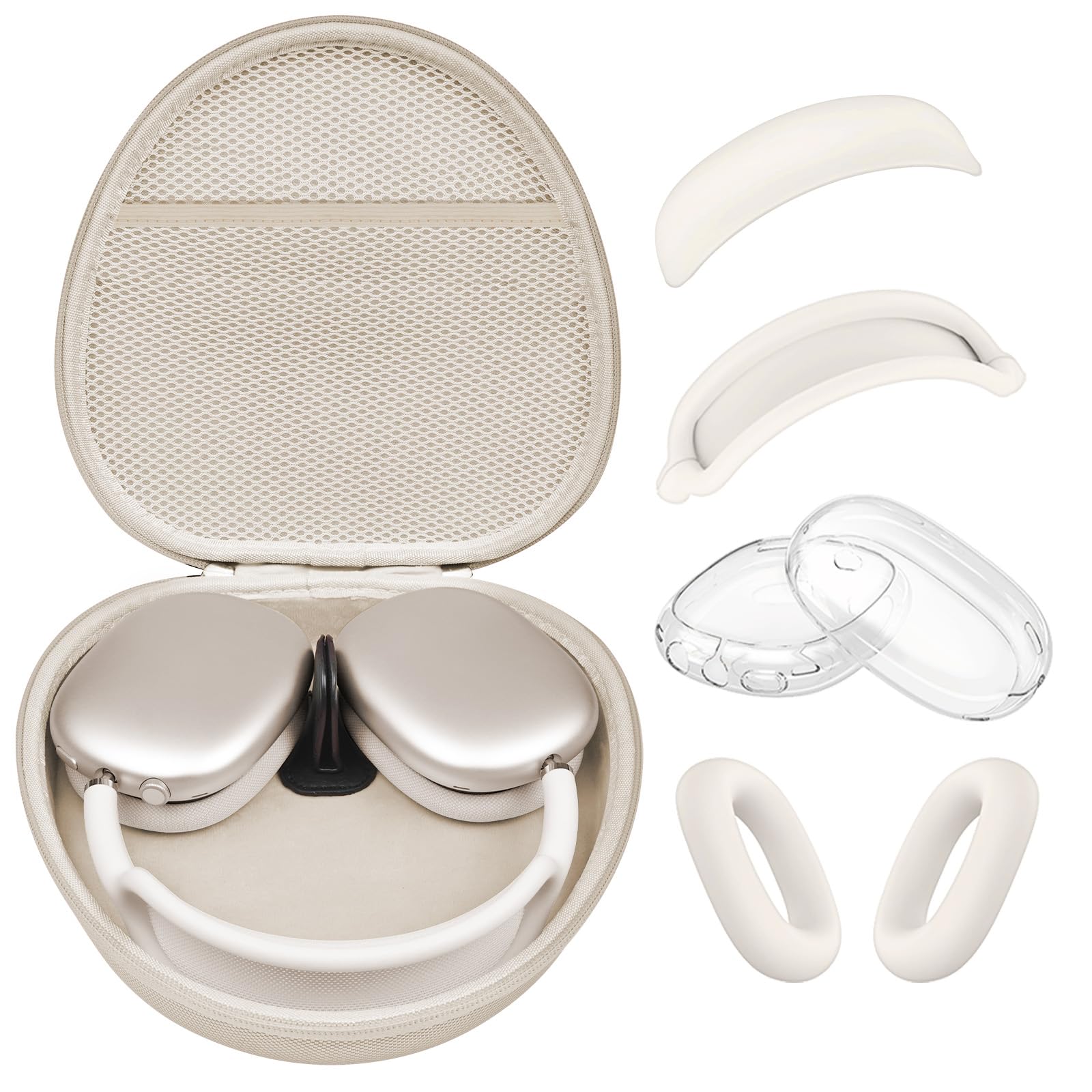 Hard Case for AirPods Max 2 Supports Sleep Mode, Travel Carrying Headphone Case with AirPods Max 2/1 Clear Ear Cups Cover/Silicone Earpad Case/Headband Cover, Protective Portable Storage Bag, Stone