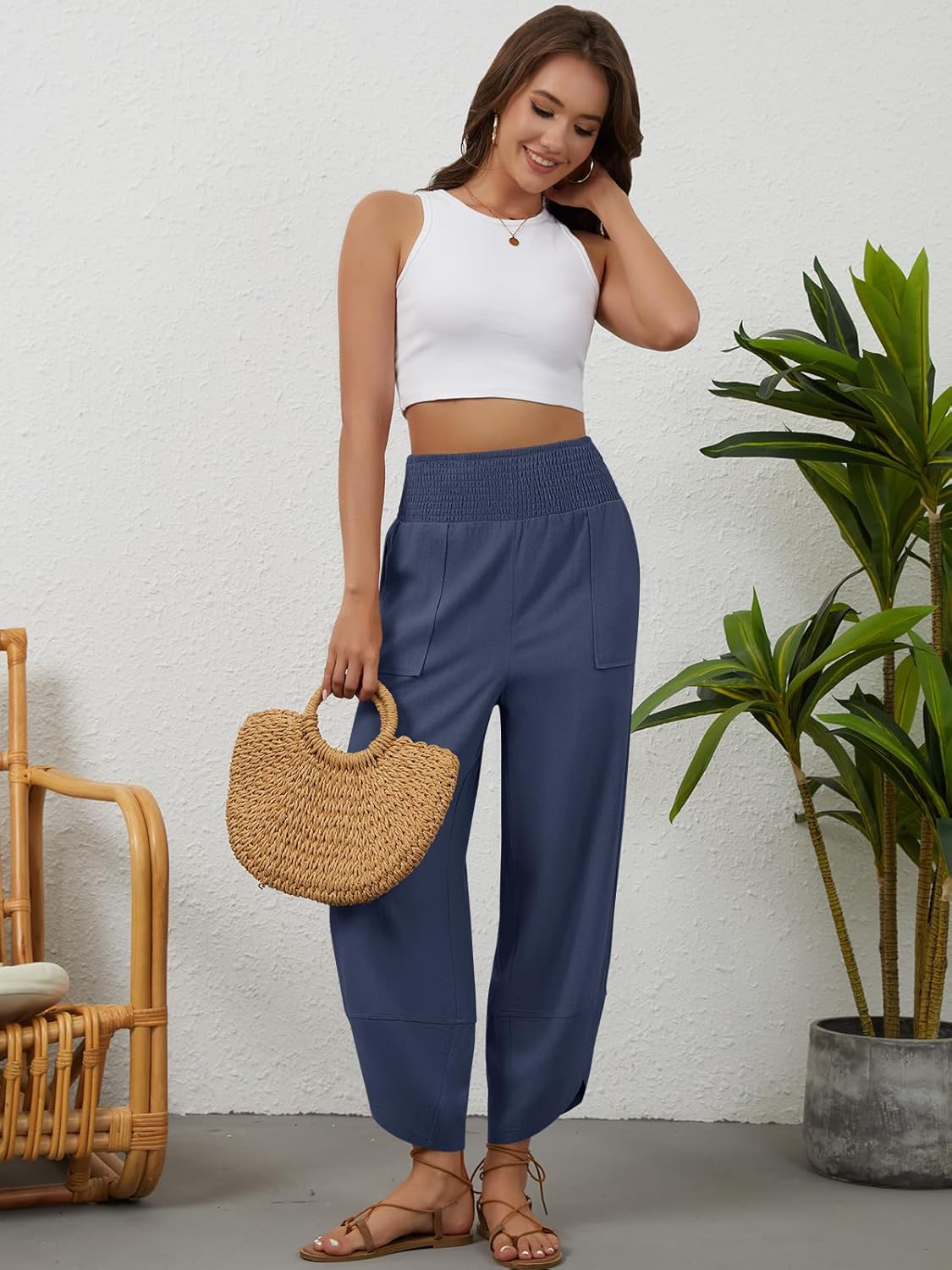 Womens Linen Pants Wide Leg Palazzo Capri Barrel Harem Pants Casual High Waisted Trousers with Pockets Beach