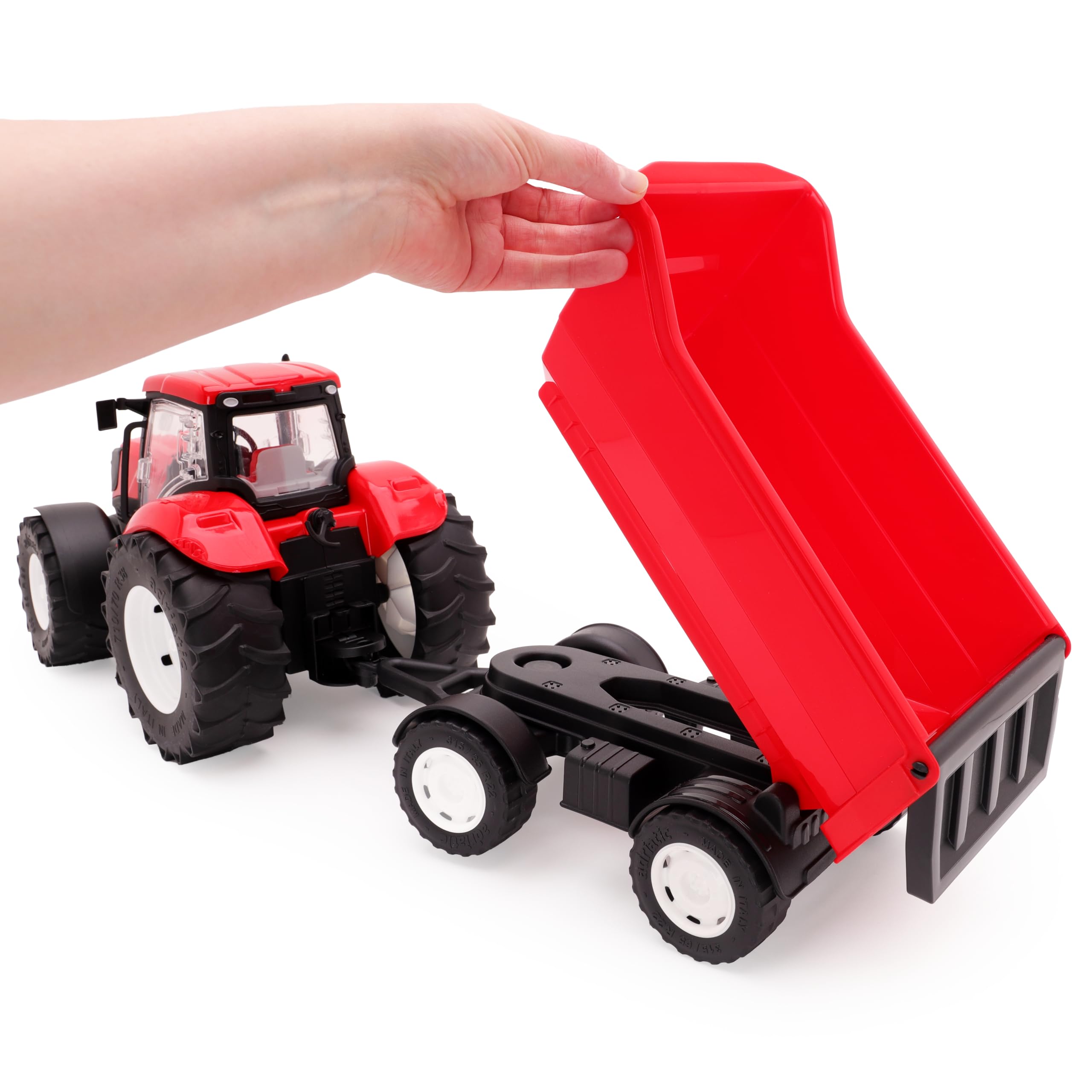 Toyland® 60 cm (24") trattore e rimorchio rossi con porte apribili e rimorchio sollevabile - scala 1:16 - veicoli agricoli giocattolo
