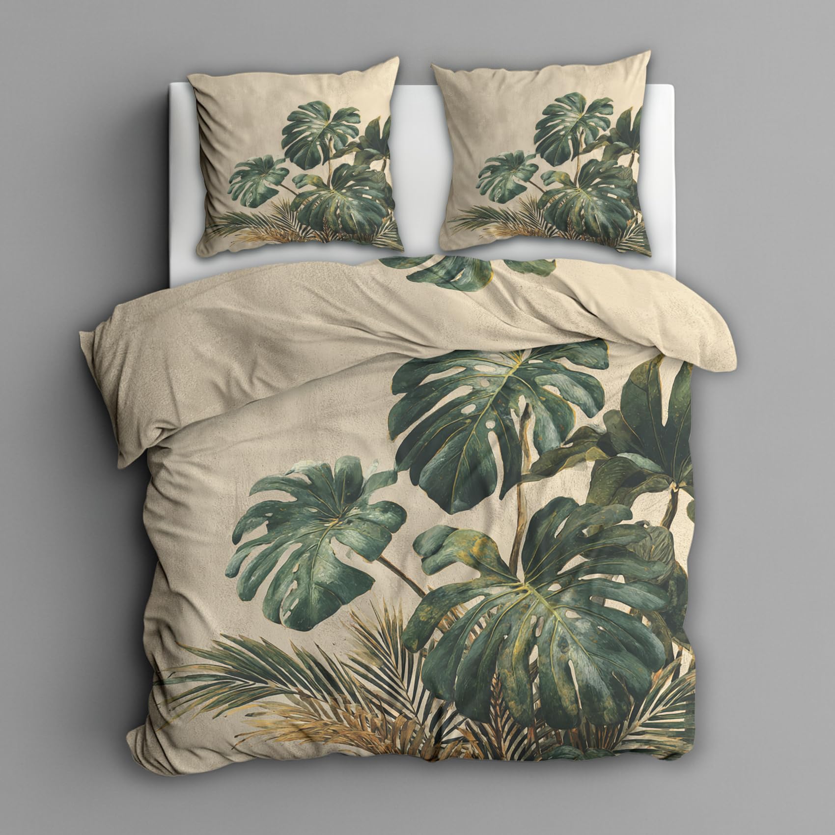 Monstera Bettwäsche 135x200 2er Set Mit Palmen Blätter Grün Muster, Bettbezug Set Bügelfreie Bettwäsche Mit Reißverschluss, Kissenbezug, Monstera Deko