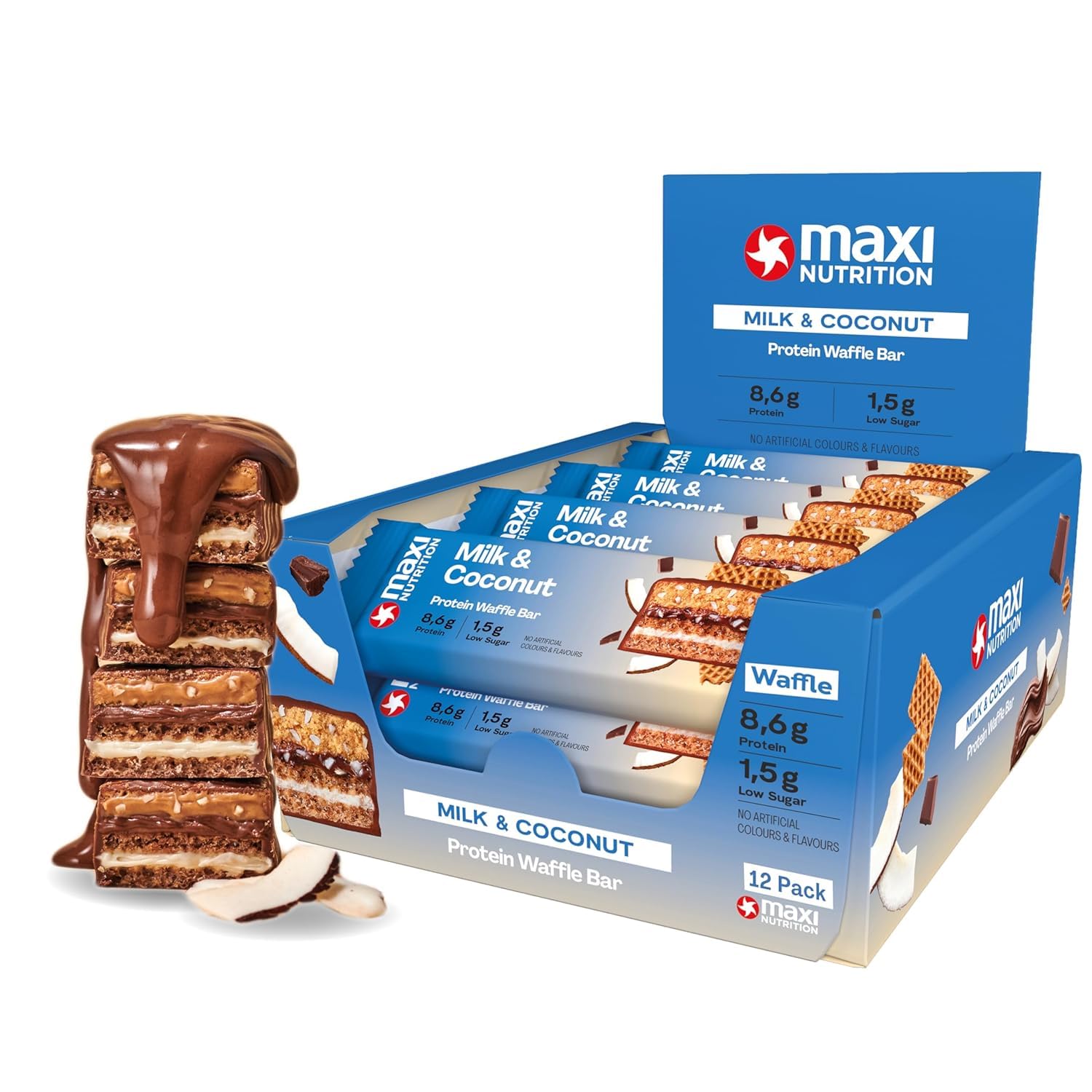 Maxi Nutrition Protein Waffle Bar Milk Coconut (Pack of 12 x 40 Grams Each) | With 8.6G Protein | Low Sugar Per Serving | No Artificial Colour & Flavor Added