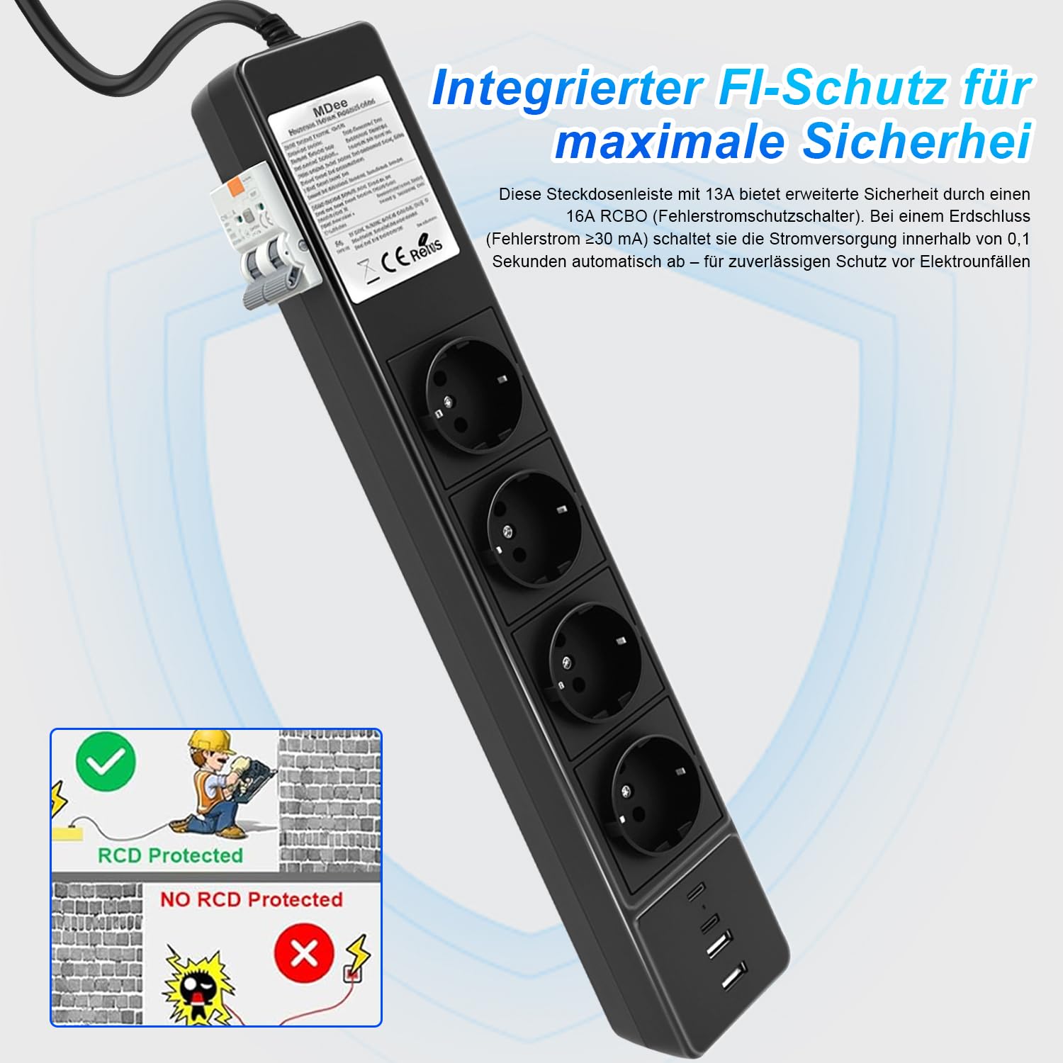 MDee Ciabatta con USB e interruttore differenziale (RCD), 4 prese multiple con salvavita, prolunga cavo 3 m, 3680 W / 16 A, protezione da sovratensioni, ciabatta da parete, per laptop, ufficio
