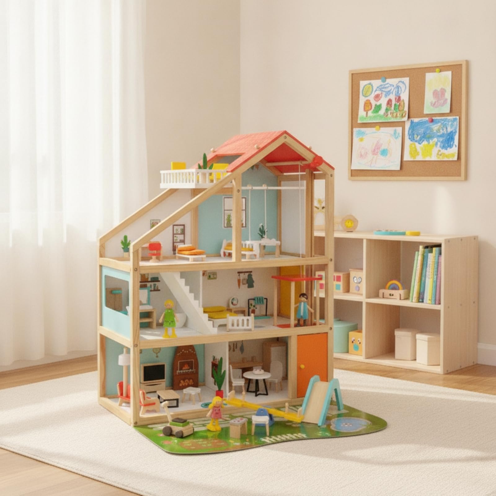 Almencla Puppenhaus Holz Puppenhaus Spielhaus Miniaturhaus mit Kompletter Ausstattung Figuren Möbeln Und Outdoor Zubehör für Geschwisterspiel Reise Geeignet