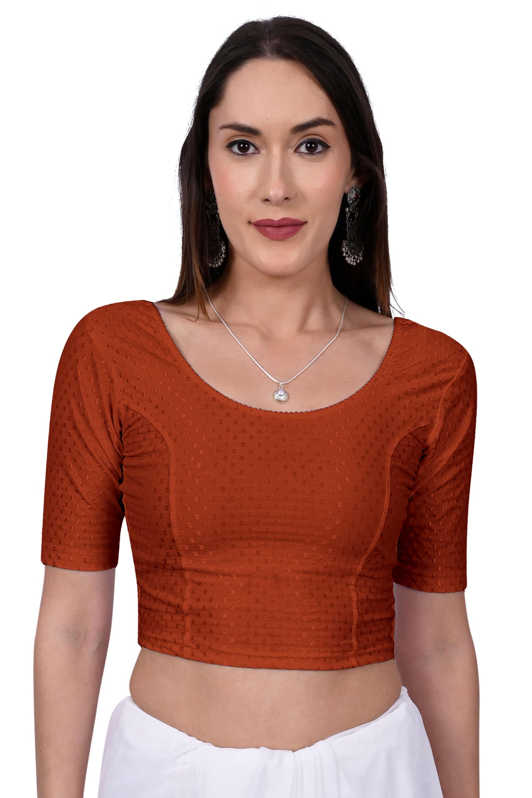 Women's Regular Fit Readymade Stretchy 100% Pure Cotton Dobby Elbow Length Saree Blouse-image-25