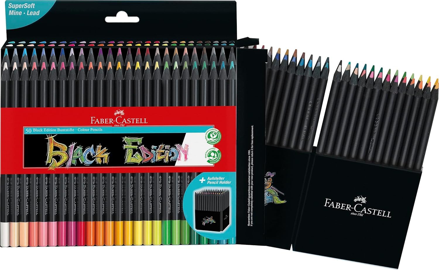 Faber-Castell 116450 Black Edition Boîte de 50 Crayons de Couleur Vibrants, Résistants à la Rupture et Prise en Main Ergonomique, Crayon de Couleurs Colorier sur Papier Clair et Foncé